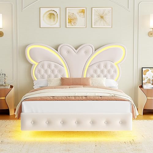 Miniatura 7 de Keyluv Base de cama Queen con cabecera tapizada con patrón de mariposa, moderna cama flotante con luces LED, botón copetudo en cabecero y estribo,