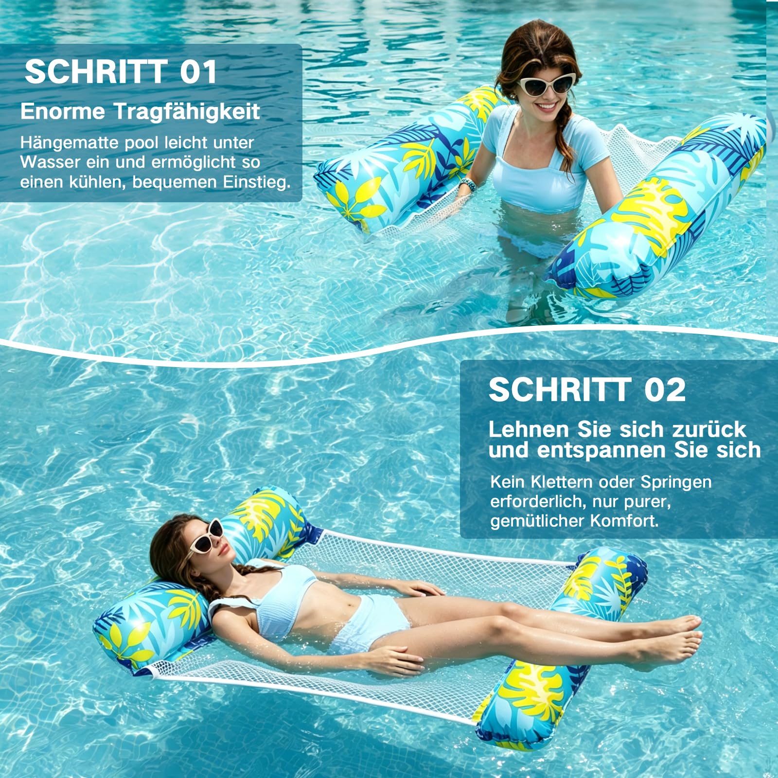 Luftmatratze Pool, 2 Stück Pool Zubehör Wasserhängematte Erwachsene, 4 IN 1 Aufblasbarer Luftmatratze Wasser Mit Netz Für Pool Meer Strand See（Blau + Rot）
