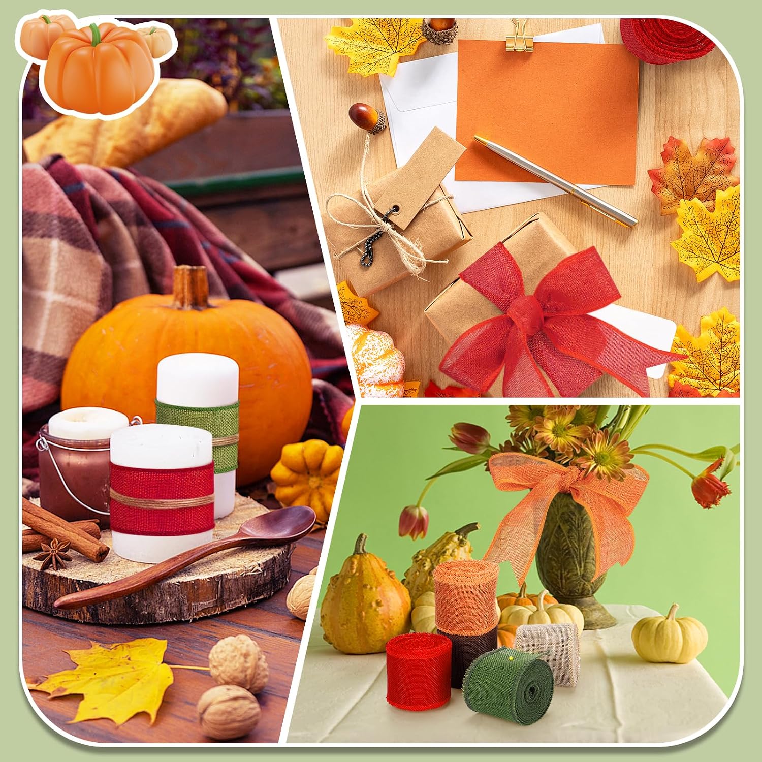 PAMASE Fall Burlap Wired Ribbon 5 Rolls Set, 27.3Y Total for Gift Wrapping
