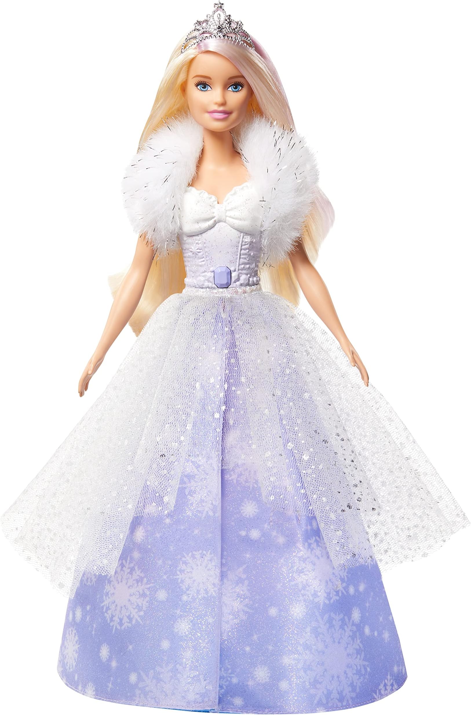 Barbie Dreamtopia Fashion Reveal Princess Doll, 12-inch, Blonde with Pink Hairstreak, Snowflake Gown and Hairbrush, GKH26