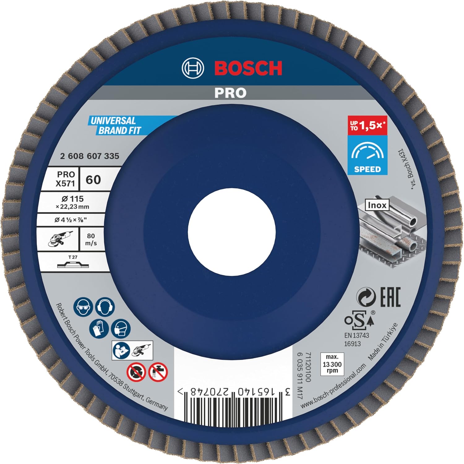 Bosch 2608607335 X571 Flap Disc for Metal Plastic Backed Straight, 115mm Ø, 60 Grit, Blue/Brown