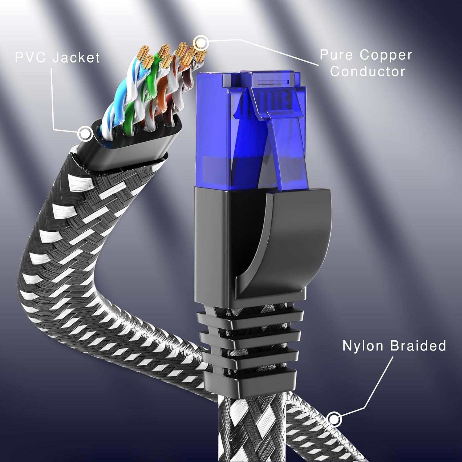 Maximm Cat 6 Ethernet Cable, 25 ft, 2 Pack Easy-Hide Flat Super-Durable Black and White Braided Network LAN Internet Cable/Cord