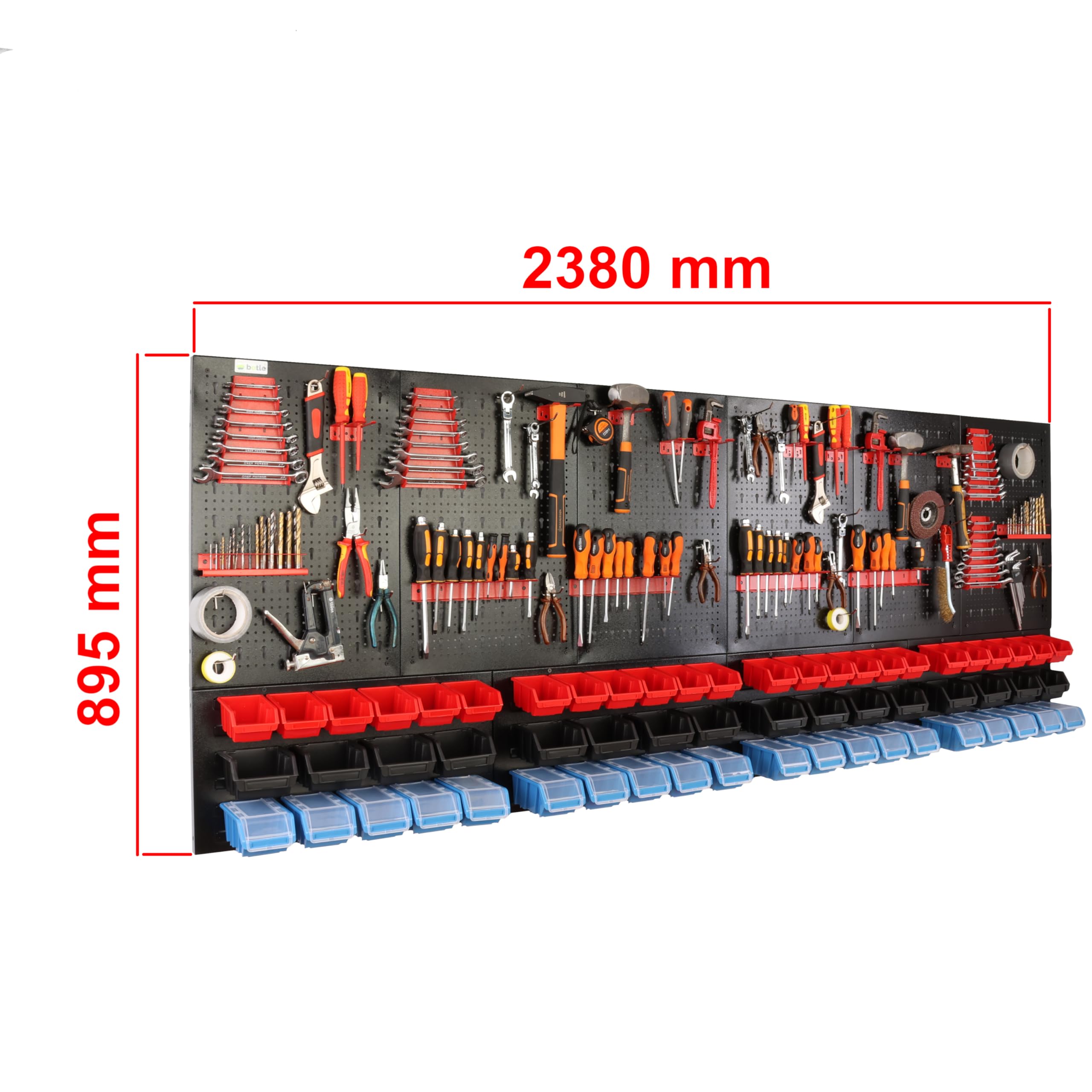 botle Juego de 114 piezas de pared perforada para herramientas de metal, cajas apilables + estante de pared + soporte para herramientas, 114 piezas, almacén de piezas pequeñas, taller de pared con 60