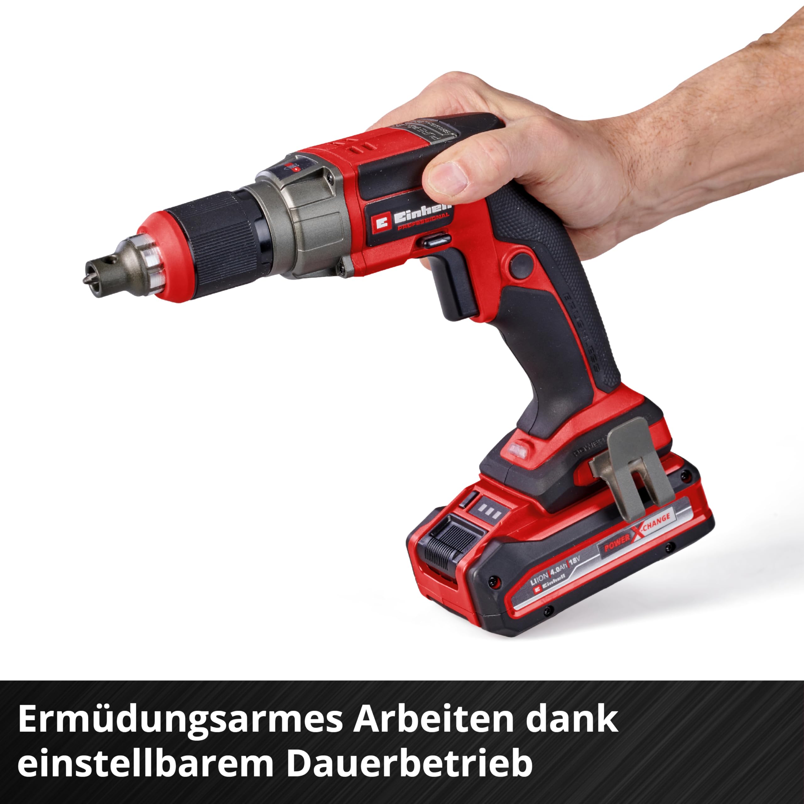 Einhell Professional Akku-Trockenbauschrauber TP-DY 18 Li BL + Magazine Power X-Change (18 V, Brushless, Tiefenanschlag, inkl. Magazinaufsatz, 2x Bit, E-Case, ohne Akku) Battery Powered, red