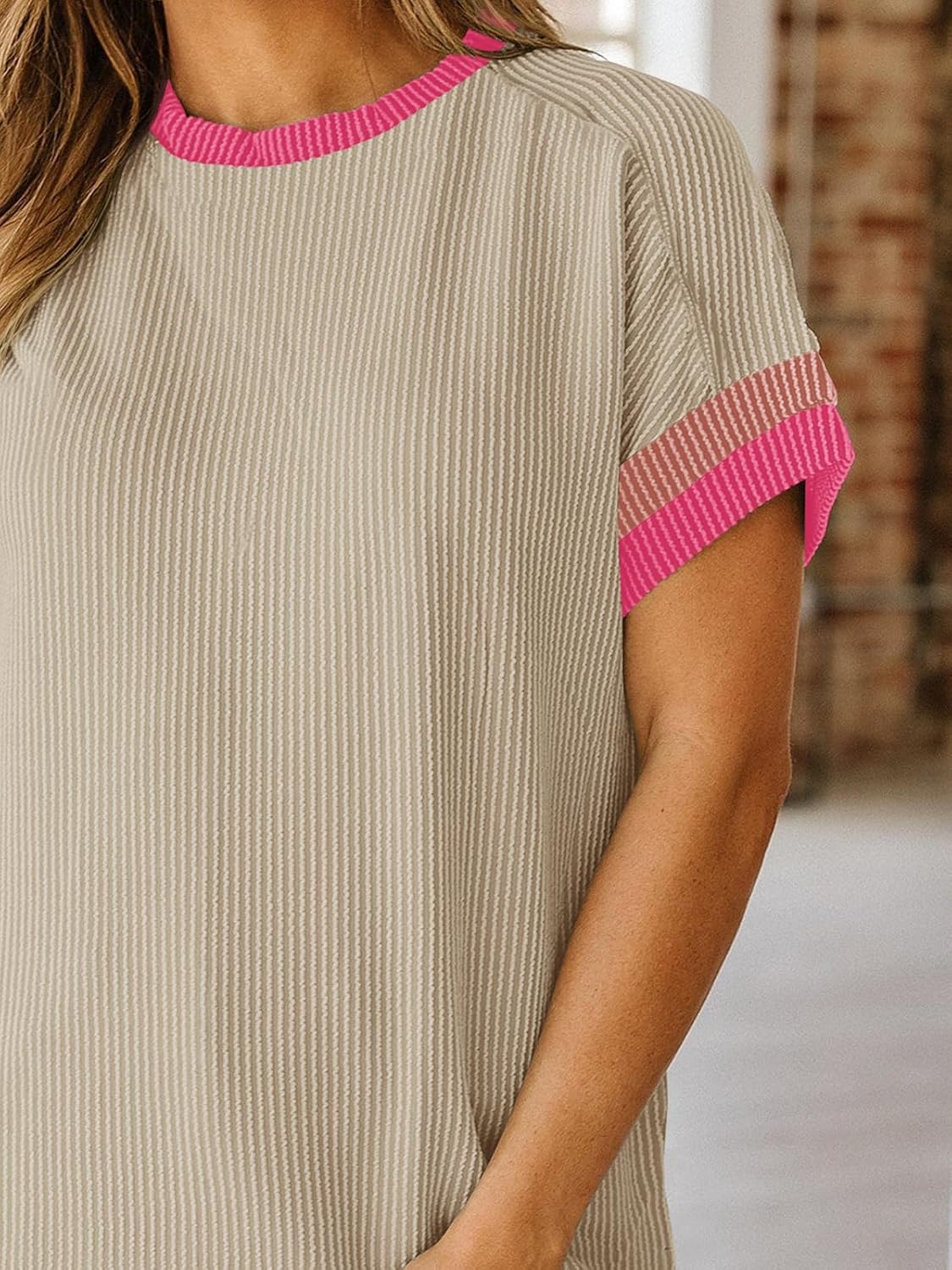 Womens Color Block Oversized Tops Trendy Casual Summer Textured Ribbed Knit T Shirts Loose Fit Short Sleeve Tshirts - Image 7