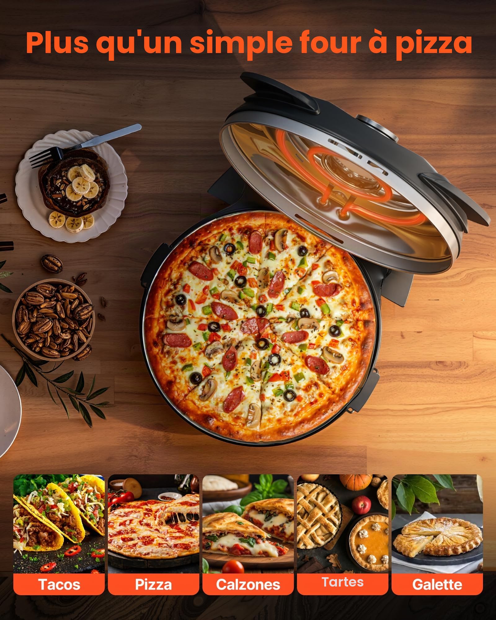 VEVOR Four à Pizza Électrique 305 mm, Cuiseur à Pizza 1200 W, avec Pierre en Cordiérite, 5 Modes de Contrôle de la Température, Hublot pour Une Cuisson Précise, Chauffe jusqu'à 420 °C, Maison Noir