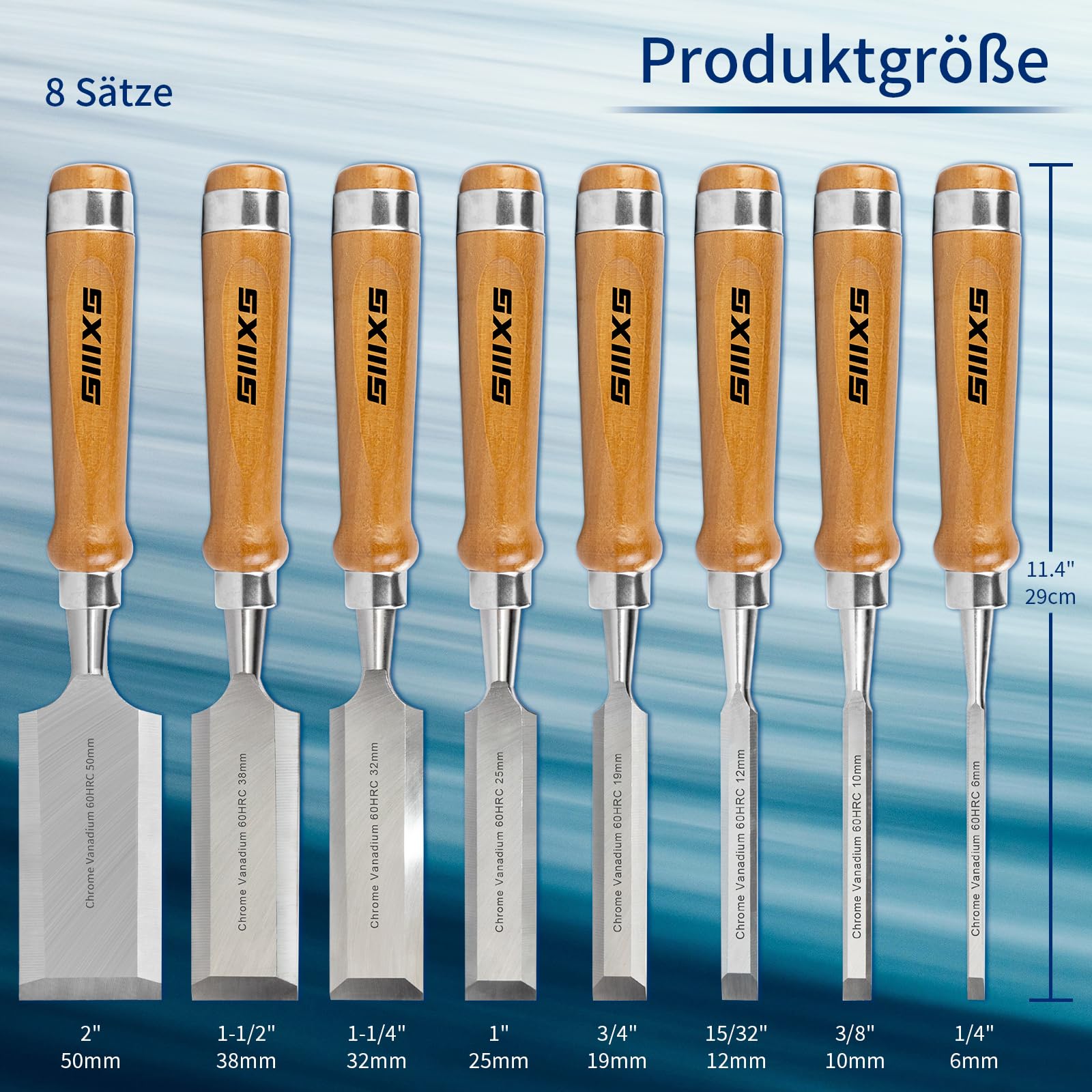 8 Stück Premium Holzmeissel Set, 8 Stück Holzmeissel mit 1 Stück Honing Guide und 1 Stück Schleifstein