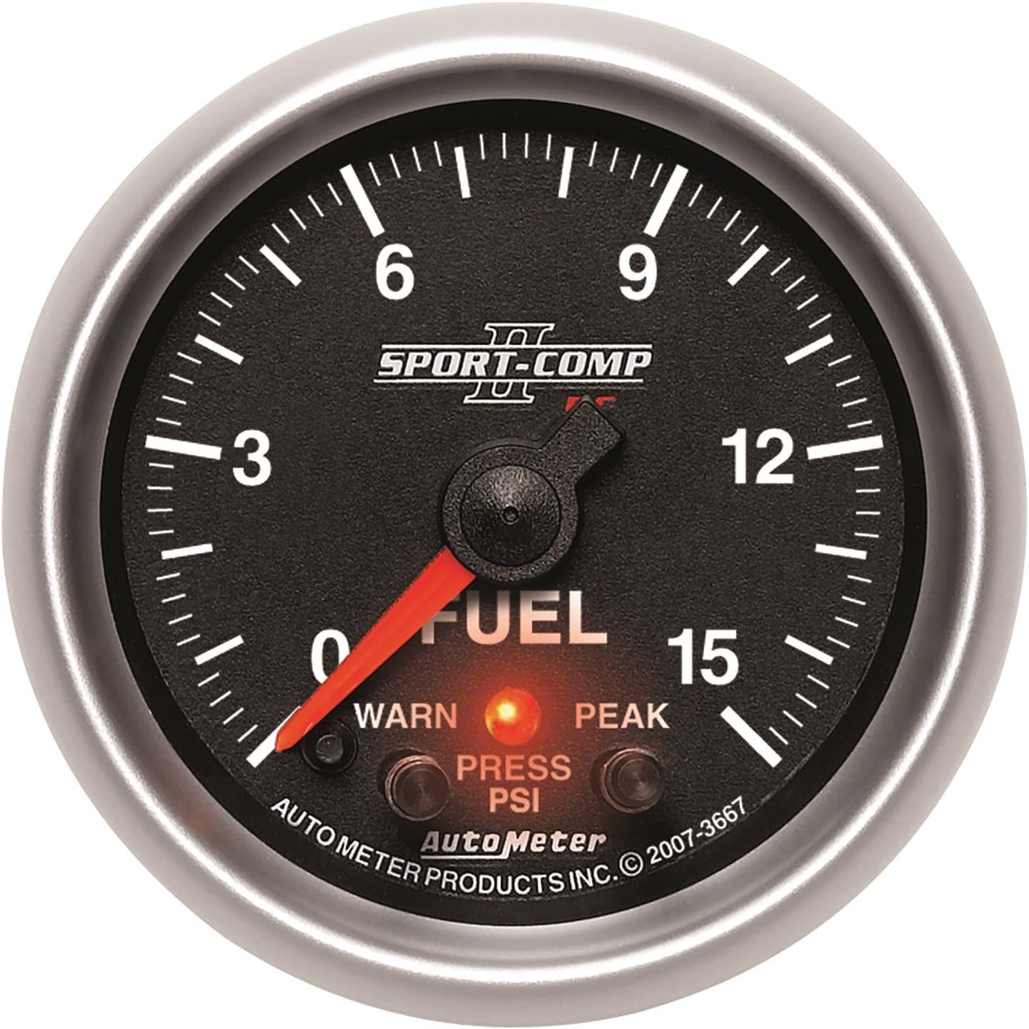 Auto Meter 3667 Sport-Comp II 2-1/16" 0-15 PSI Full Sweep Electric Fuel Pressure Peak and Warn Gauge with Electronic Control