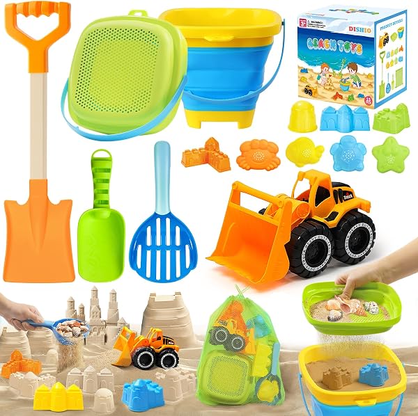 Collapsible Beach Sand Toys Set for Kids - Includes Bucket, Mesh Shovel, Filter Scooper & Castle Molds - Toddler Beach T