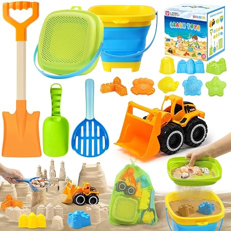 Collapsible Beach Sand Toys for Kids, Sandbox Toys Includes Bucket, Sand Shovel, Beach Sifter, Castle Molds, Toddler Beach Toys with Mesh Bag, Summer Travel Outdoor Beach Essentials for Kids Girls