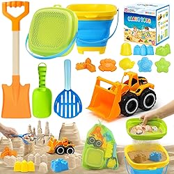 Collapsible Beach Sand Toys Set for Kids - Includes Bucket, Mesh Shovel, Filter Scooper & Castle Molds - Toddler Beach Toys for 1-3 & Kids Ages 4-8 with Mesh Bag, Summer Outdoor Beach Essentials