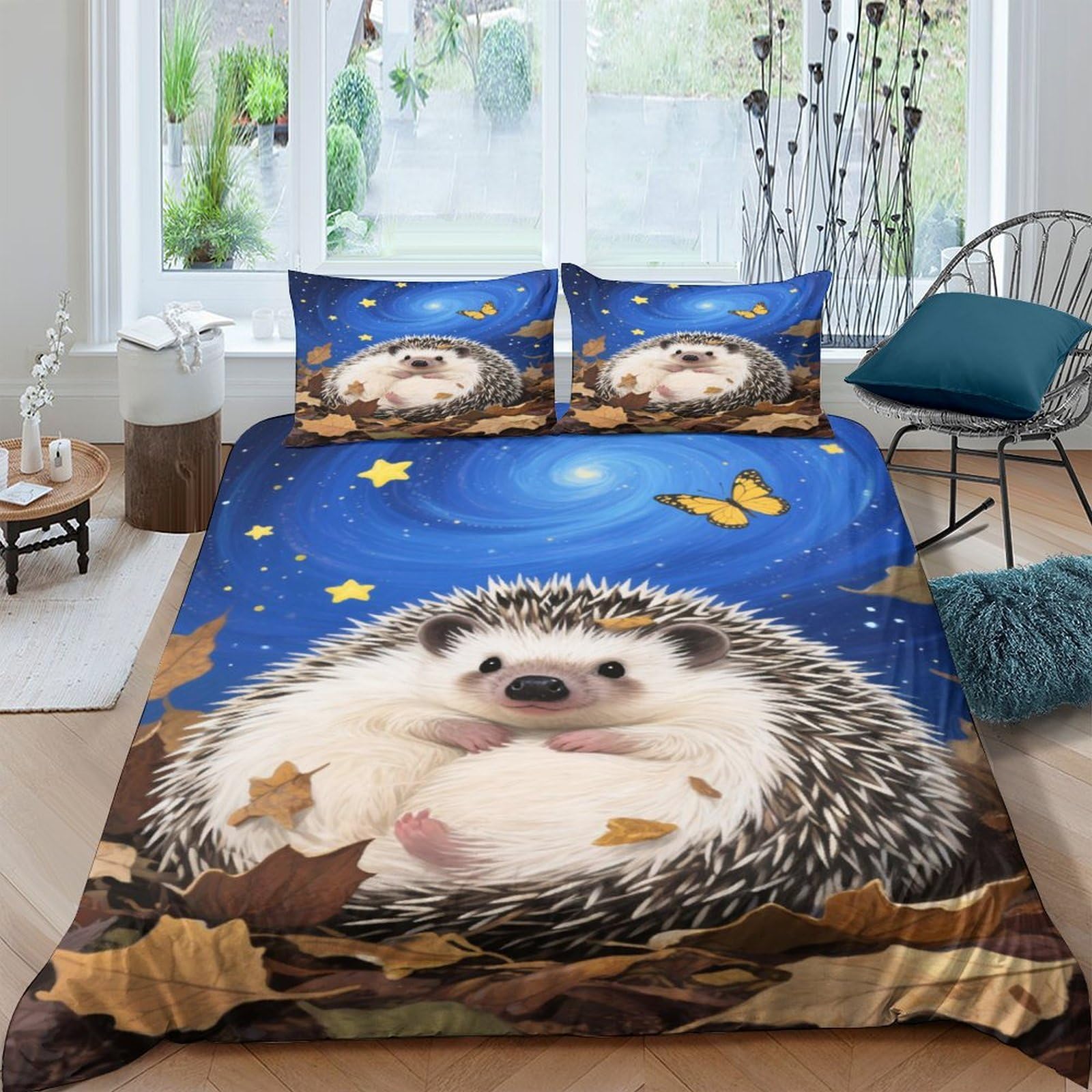 Ctjqhvkz Style-5 3D Printed Hedgehog Autumn Leaves Fitted Sheet Microfiber Soft Bed Sheet Blue Animal Bedroom Decor Mattress Cover Single（135X200cm）