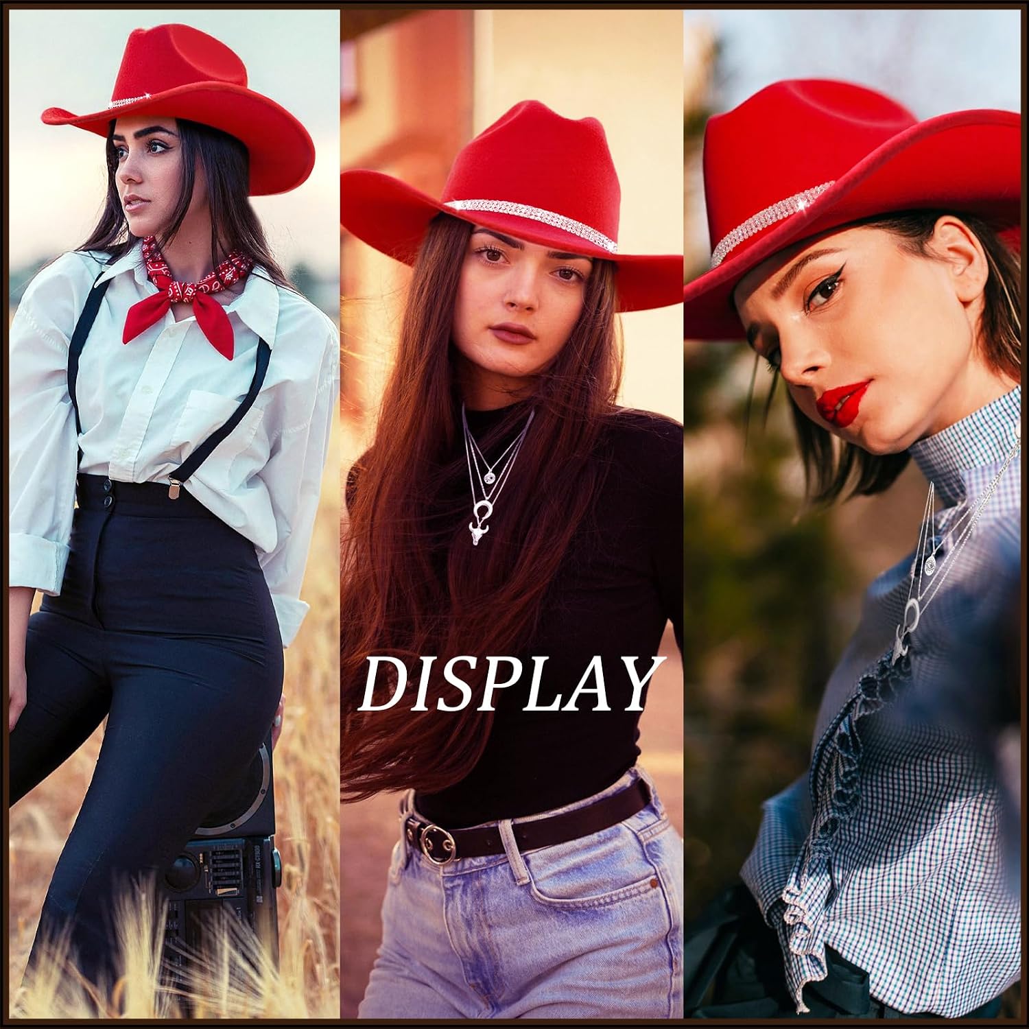 Western Black Cowboy Hats for Women Men, Fedora Wide Brim Rhinestone Cowgirl Hat with Bandana and Evil Eye Bull Head Necklace