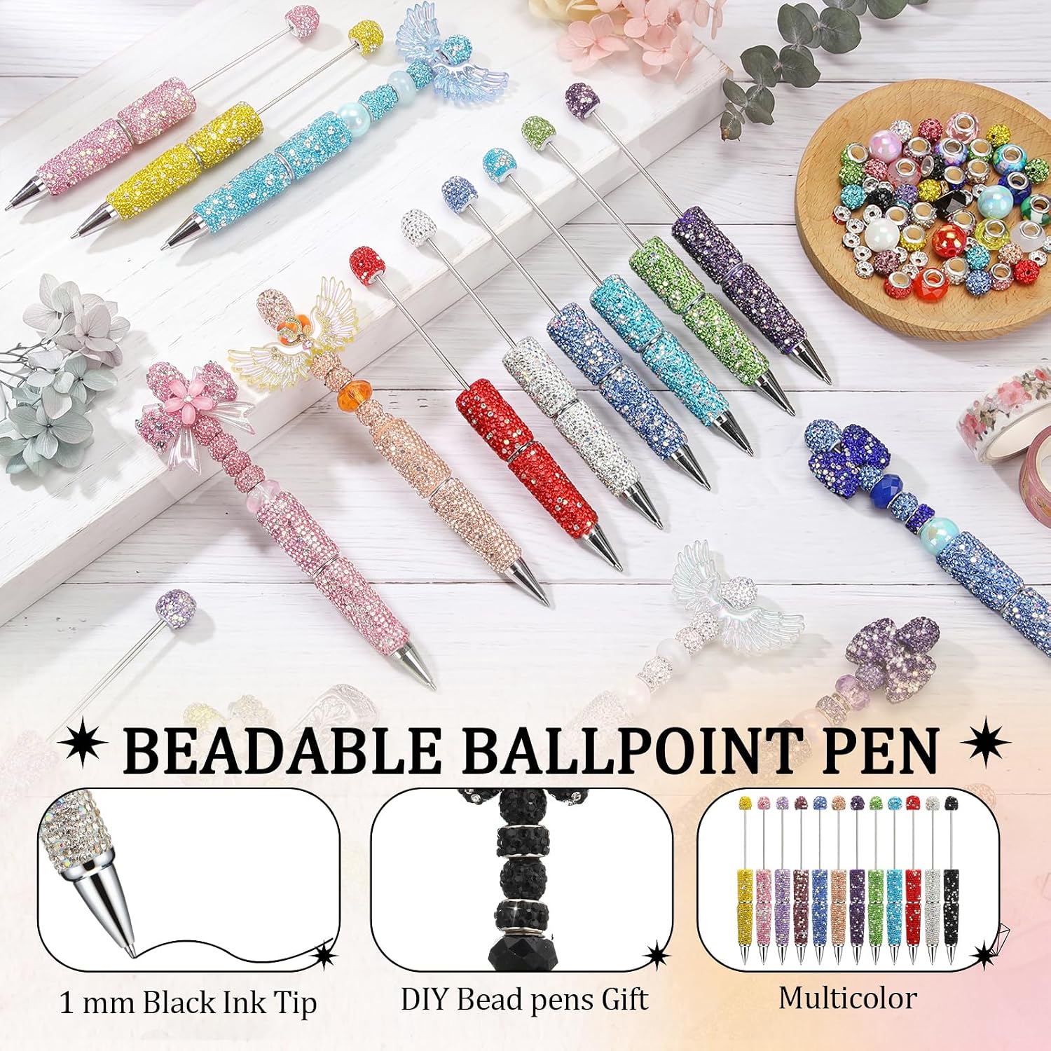Zonon 72 Pcs Rhinestone Beadable Pens Bulk with Multi Beads for Pen DIY Kit image 3