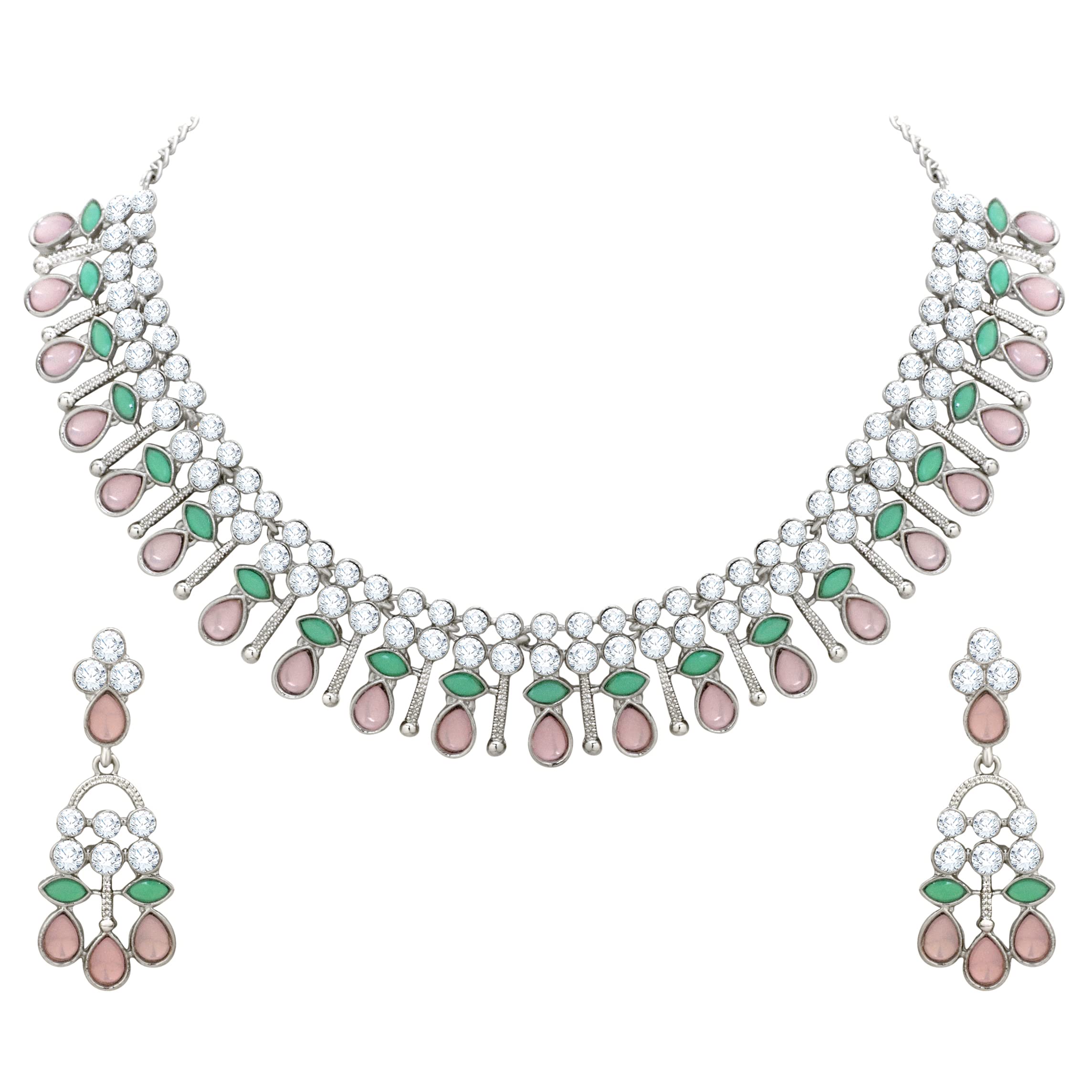 Atasi International Silver Plated Pastel Pink & Green Monlisa Stone Necklace Jewellery Set with Earrings for Women & Girls for Party & Wedding Collection (RMM5710) (B0BT4D15F1) Amazon Price History, Amazon Price Tracker