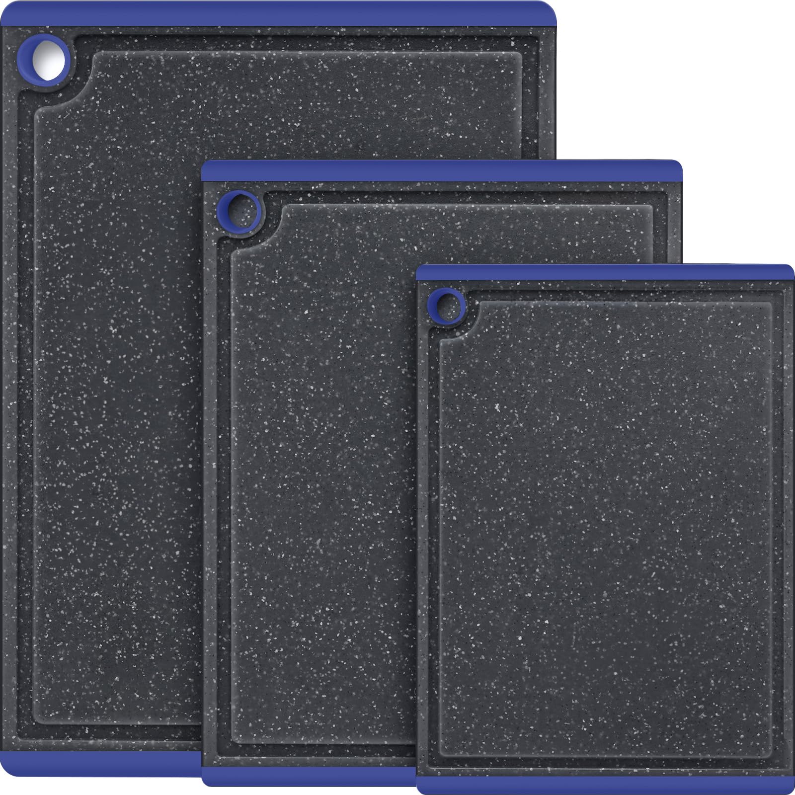 Plastic Cutting Boards for Kitchen, 3-Piece Large Cutting Board Set Dishwasher Safe Chopping Boards with Non-slip Feet and Juice Grooves, Blue, Kikcoin