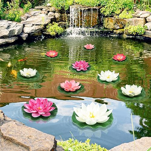 Miniatura 6 de QUOZUO 10 flores flotantes de espuma artificial de loto de 3 tamaños con almohadilla de lirio de agua, adornos para el hogar, jardín, estanque,