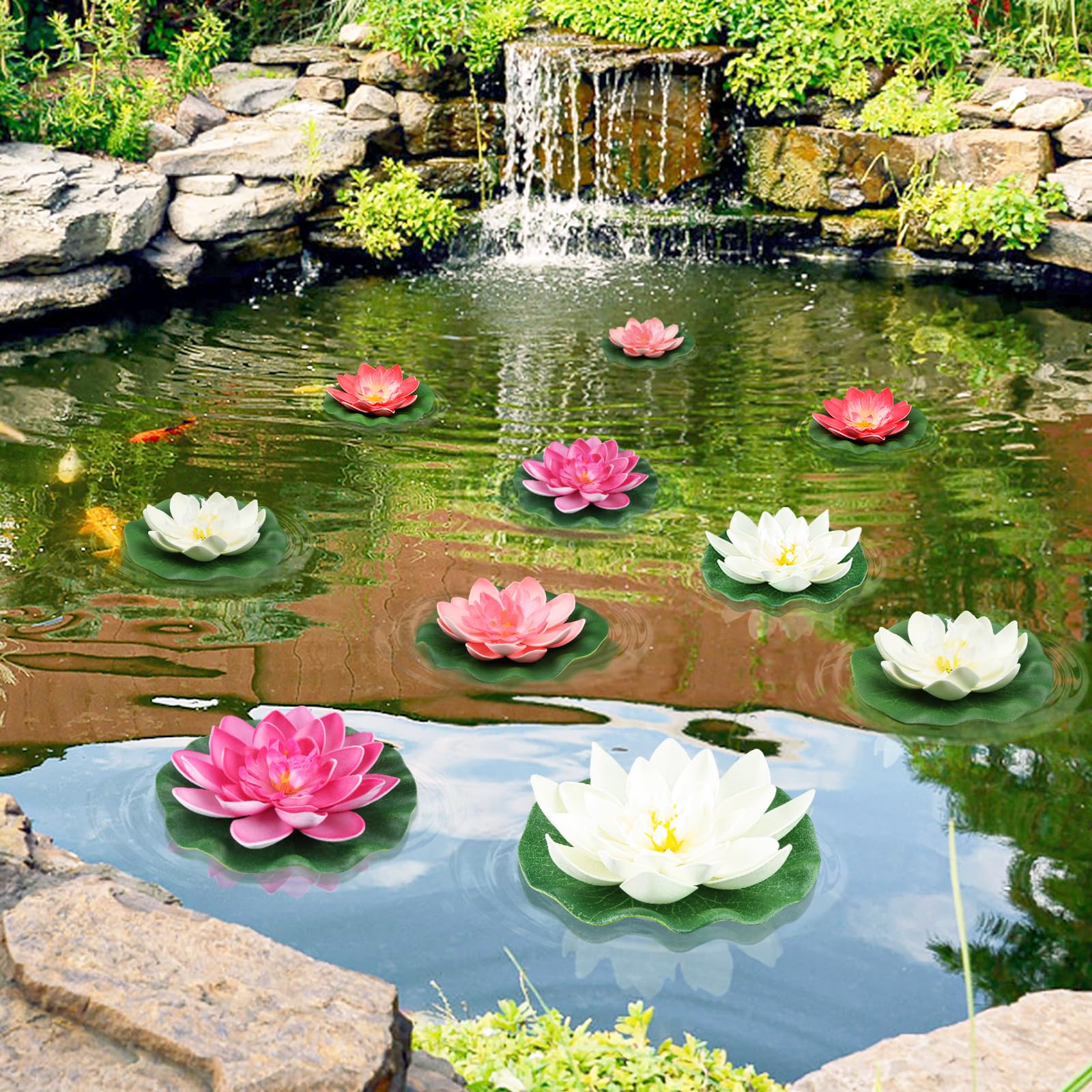 QUOZUO 10 pezzi di fiori di loto artificiali in schiuma, piante acquatiche galleggianti, ninfee artificiali, piante di giglio d'acqua, fiori di loto per acquario, terrazzo, giardino, piscina (rosso