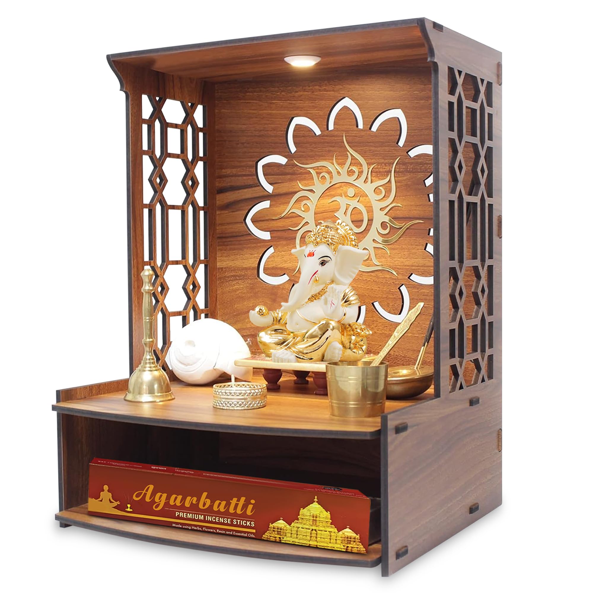 GLUN® Beautiful Wooden Pooja Mandir for Home | Wall Mounted Puja Temple with LED Light | Compact Prayer Stand for Office & Apartment Size 15x11x11 Inch