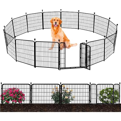 ADAVIN 32 in(H) Garden Fence with Low Threshold Door, 12 Panels Total 27 Ft(L) Tall Yard Fence for Dogs, Garden Fence Border, Black Iron Metal Heavy Duty Dog Fencing for Yard or Camping