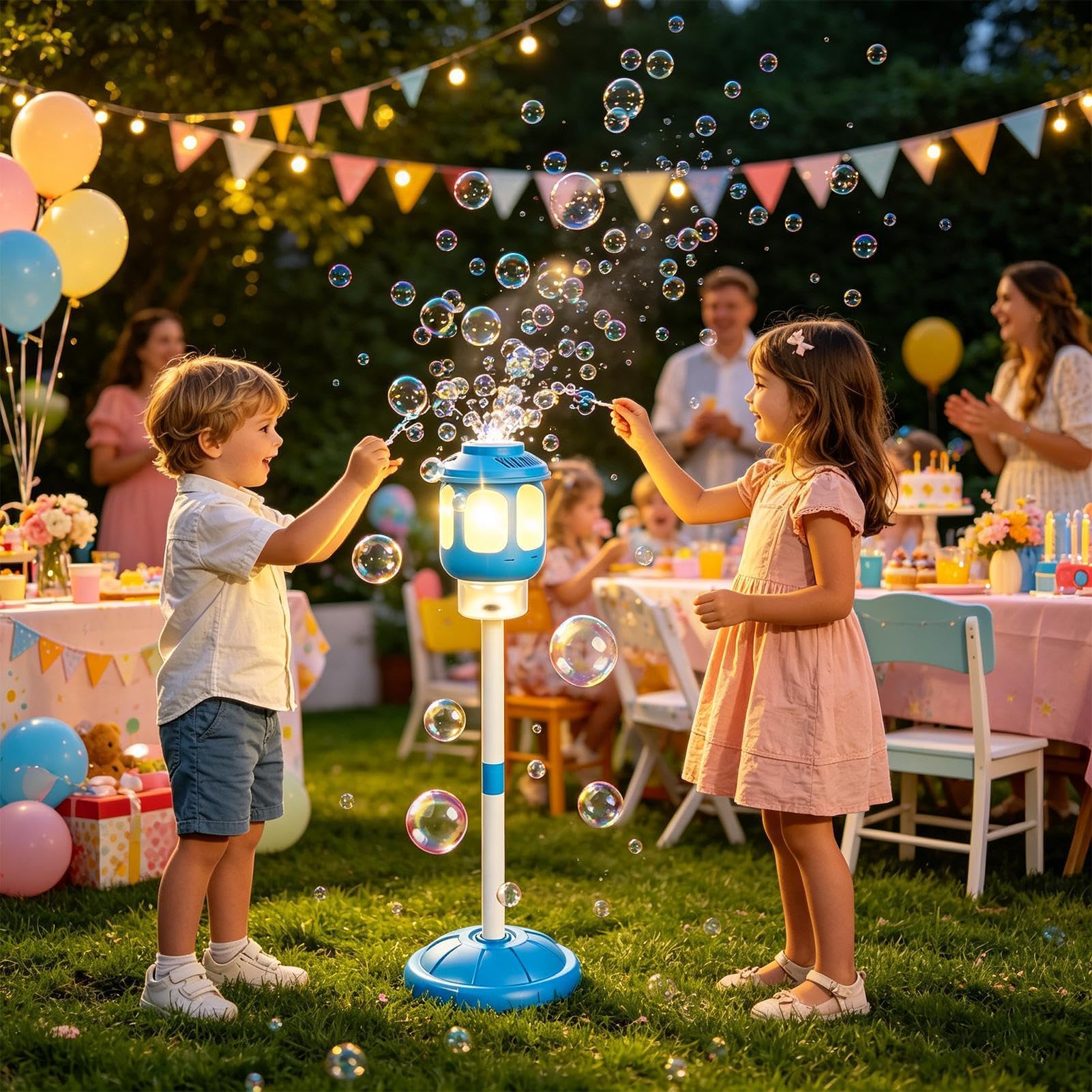 Maszyna do robienia bąbelków, regulowana wysokość lampa uliczna dmuchawa bąbelkowa ze światłem i muzyką, gry na świeżym powietrzu do ogrodu, na patio, podwórko, trawnik, imprezę, ślub, festiwal