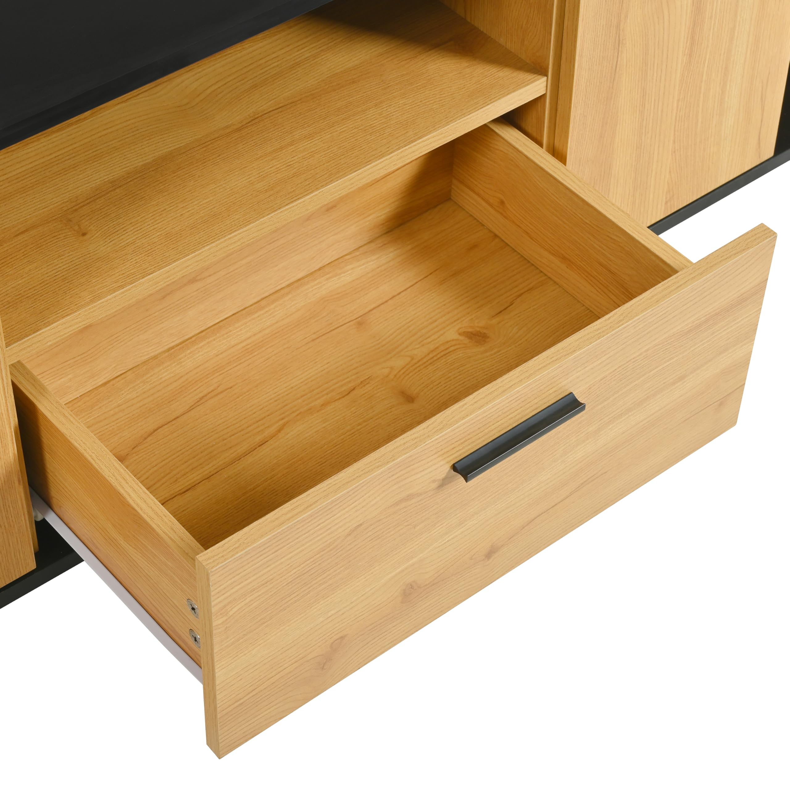SACOOL Mobile TV color legno + dimensioni con cassetto, porte aperte, mobili TV in vetro, pannello basso, 15 luci LED.