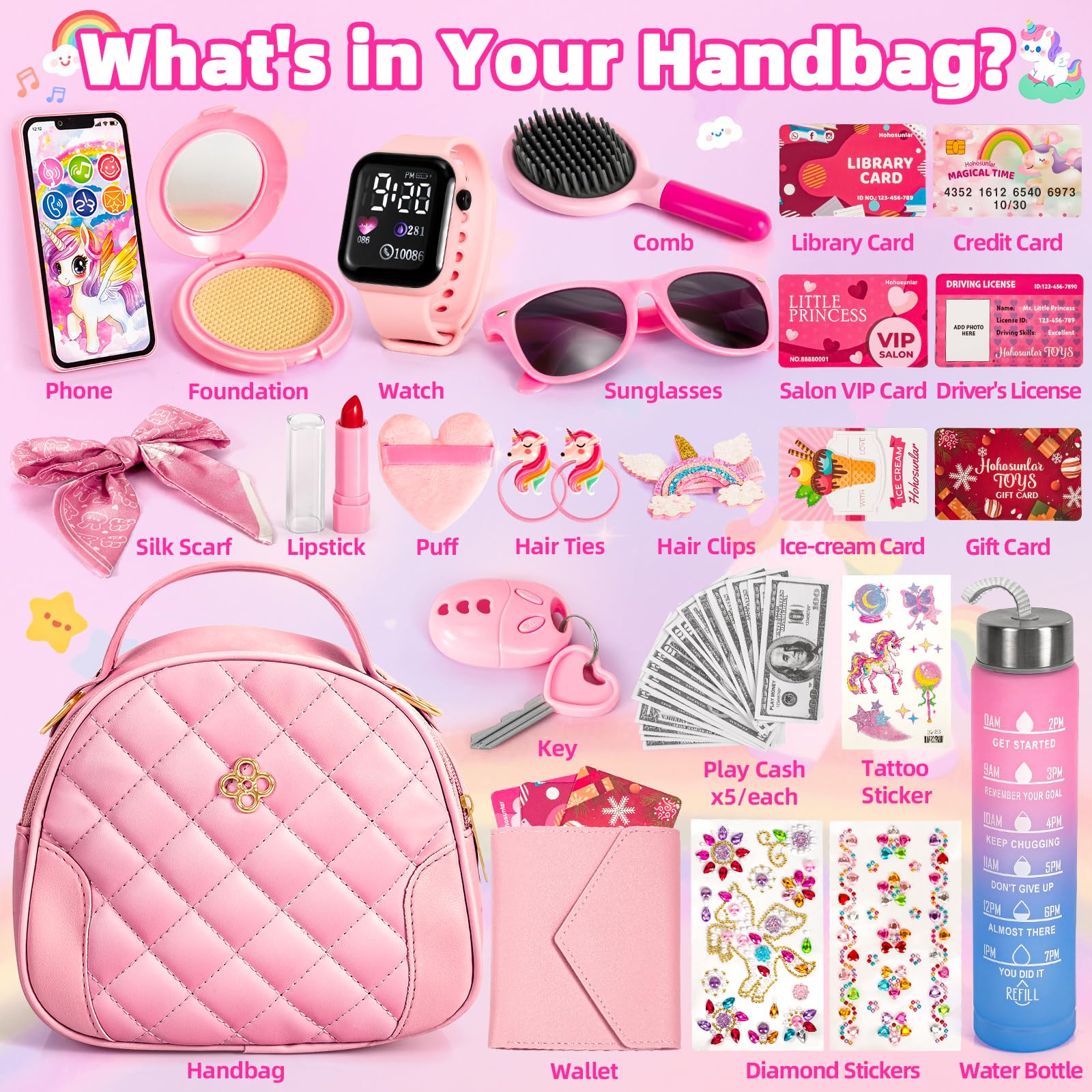 Hohosunlar Sac à Main Petite Fille, Faux Maquillage, DIY Licorne Bouteille d’Eau Fille, Watch, Téléphone Portefeuille Clés, Jouet de Princesse, Noël Cadeau d'anniversaire Jouet Filles 3 4 5 6 7 8 Ans