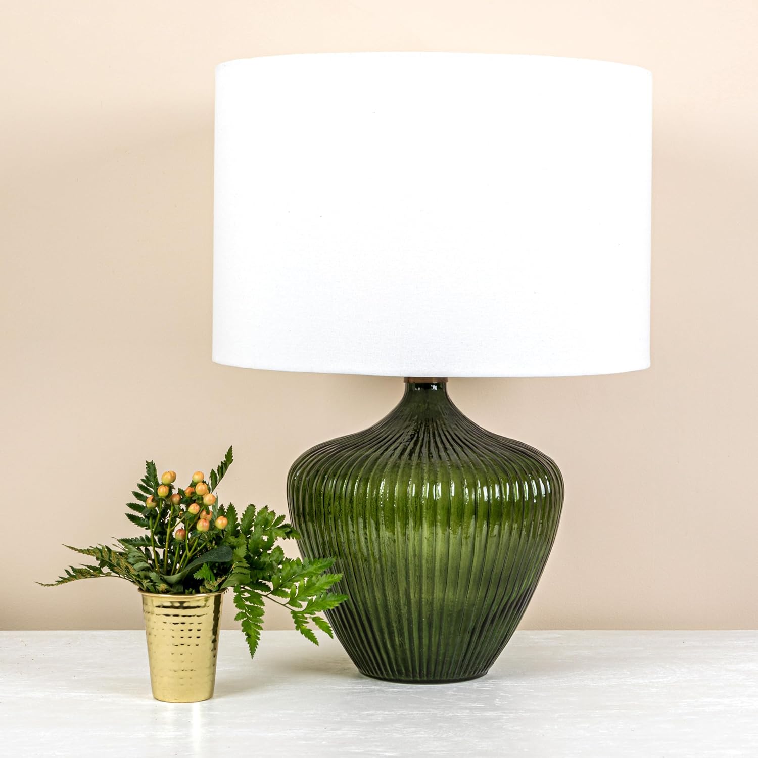 Creative Co-Op Green Glass Table Lamp with White Drum Shade