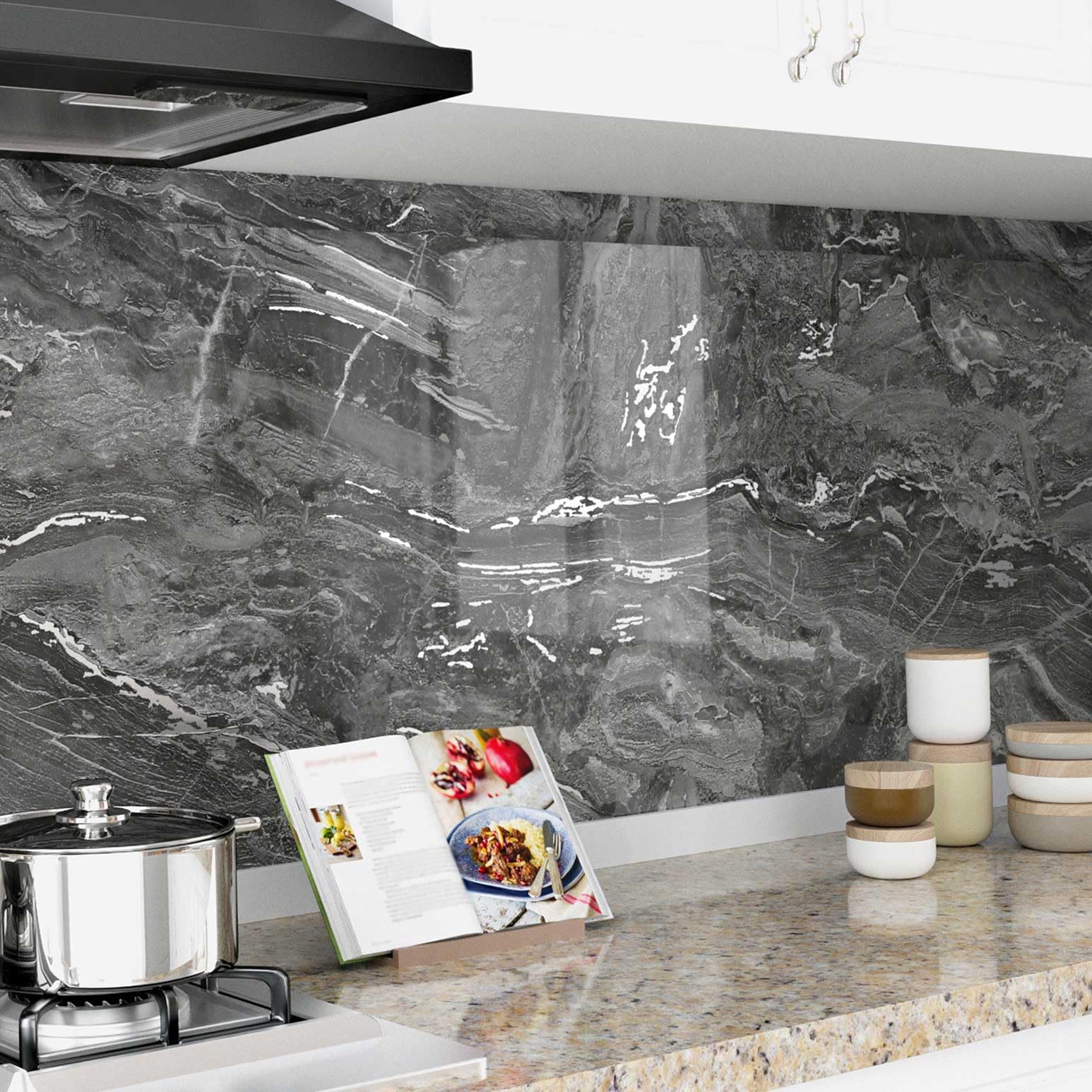 FunStick Papier Peint Adhesif Mural Marbre Noir Rouleau Adhesif Decoratif Revêtement Pour Meubles Noir Argenté Papier Peint Autocollant Pour Plan De