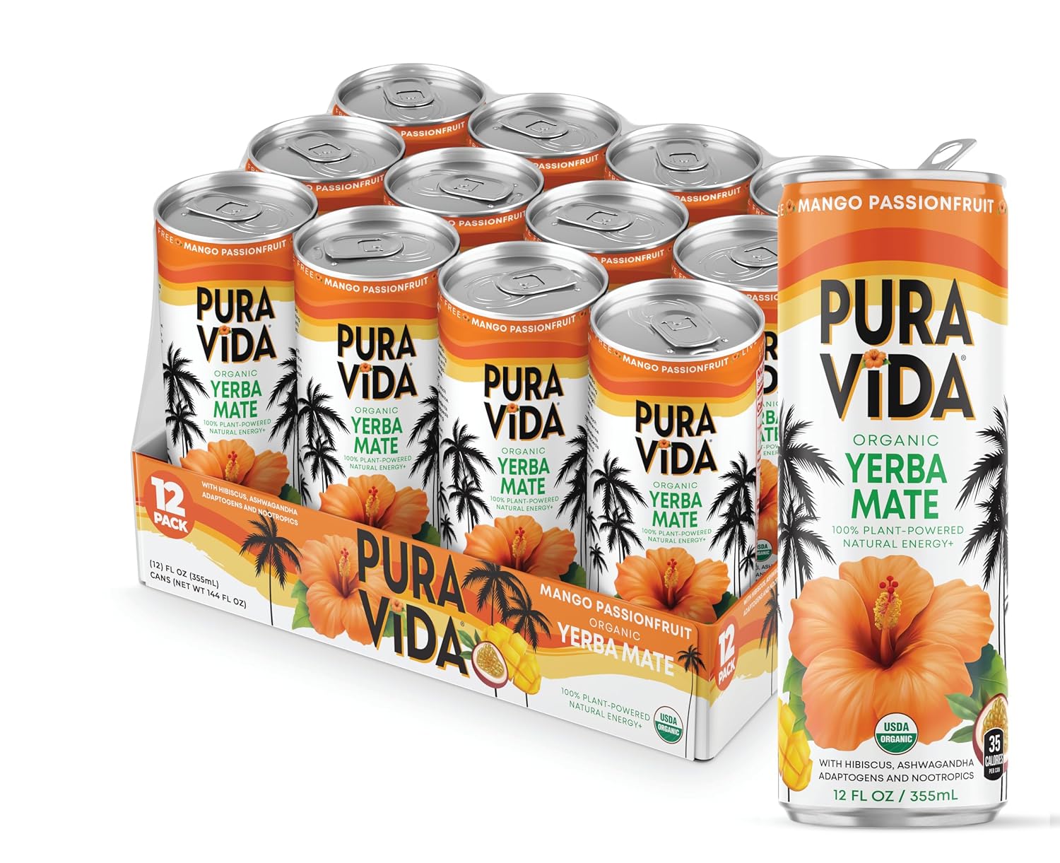 PURA VIDA YERBA MATE+ Functional Beverage | Hibiscus Flower Infusion with Adaptogens & Nootropics (Ashwagandha, Lions Mane, Reishi, Chaga, Cordyceps) | 35 Calories -6 grams Organic Cane Sugar and 120 mg Natural Energy· Mango Passionfruit 12 Fl Oz (355 mL) Can, 12-Pack