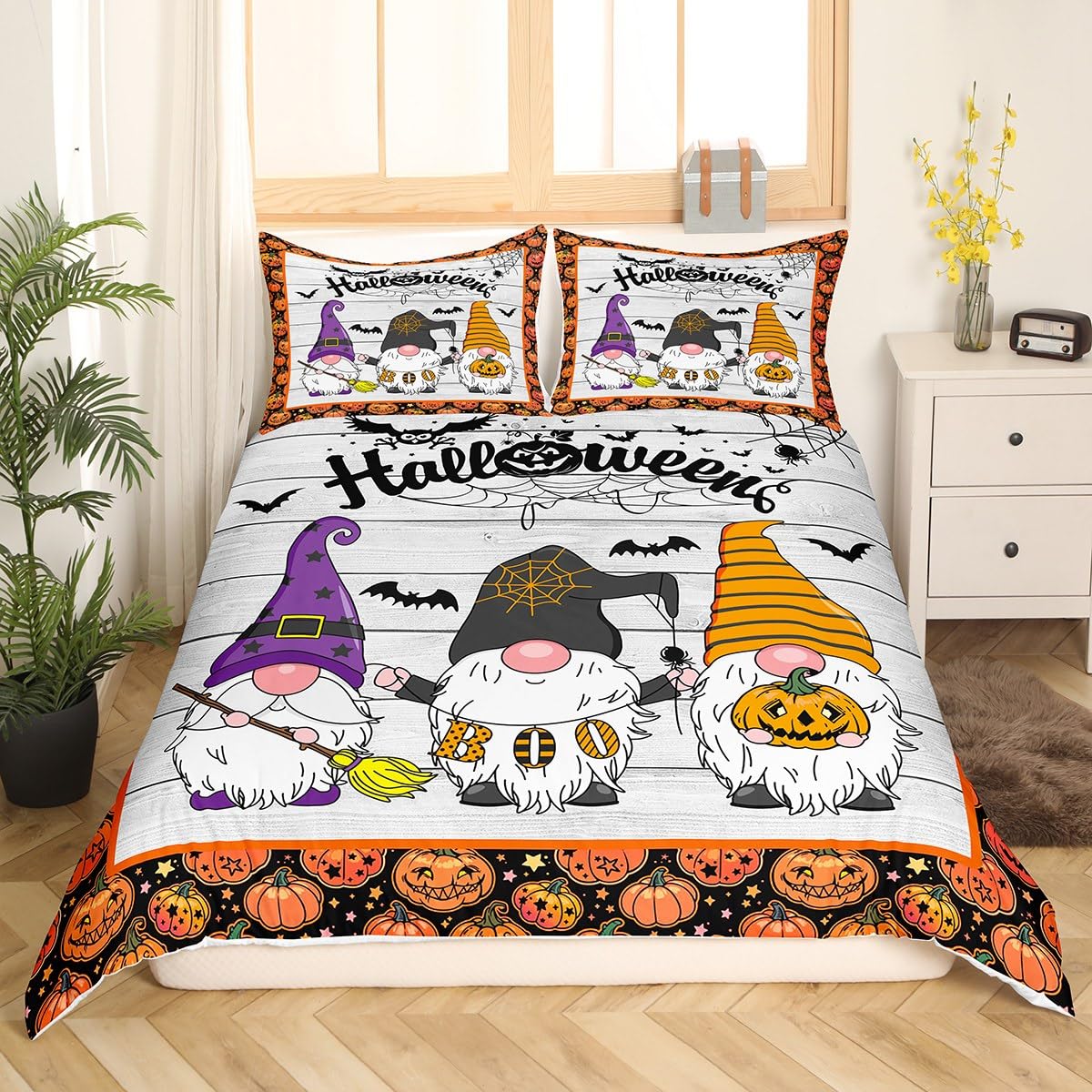 Halloween Gnomes Duvet Cover Set Double Size, Black Spider Web Bats Comforter Cover with 2 Pillowcases - Image 3