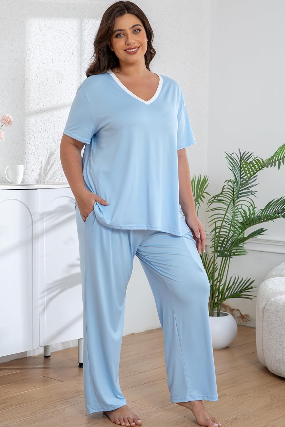 Plus Size Women Pajama Sets Short Sleeve Long Pants Solid Color Sleepwear V Neck Casual Lounge Sets Nighty - Image 2