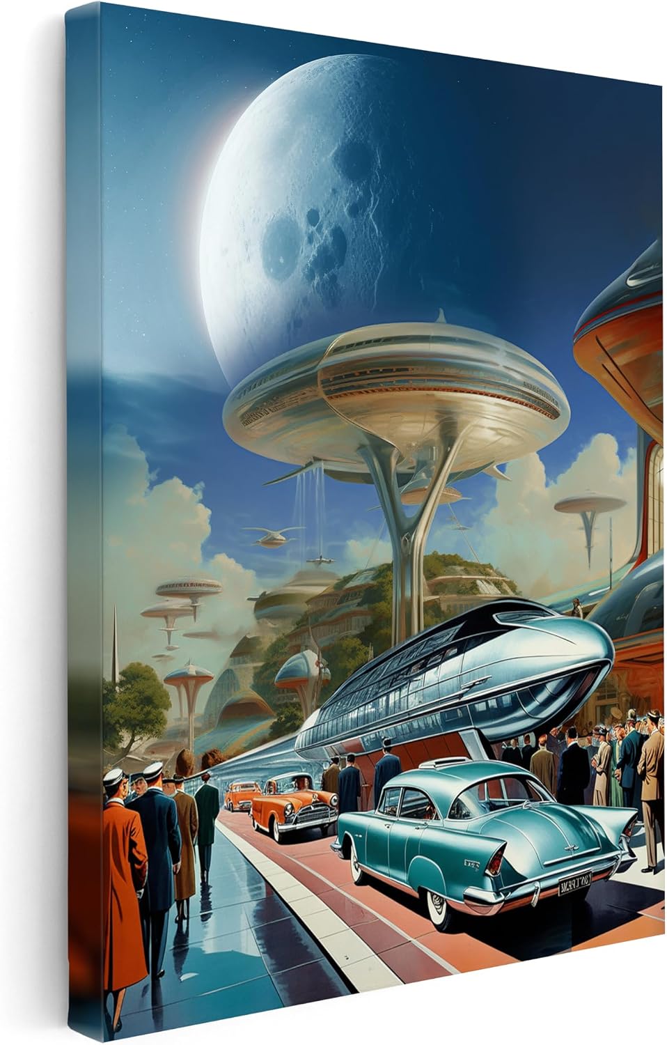 Poster Master Futurism Canvas - Retro Science Fiction Print - Trippy Moon Art - Futuristic Wall Design - Extraterrestrial & UFO Art - Office or Living Room Wall Decor - 8x10 STRETCHED Canvas