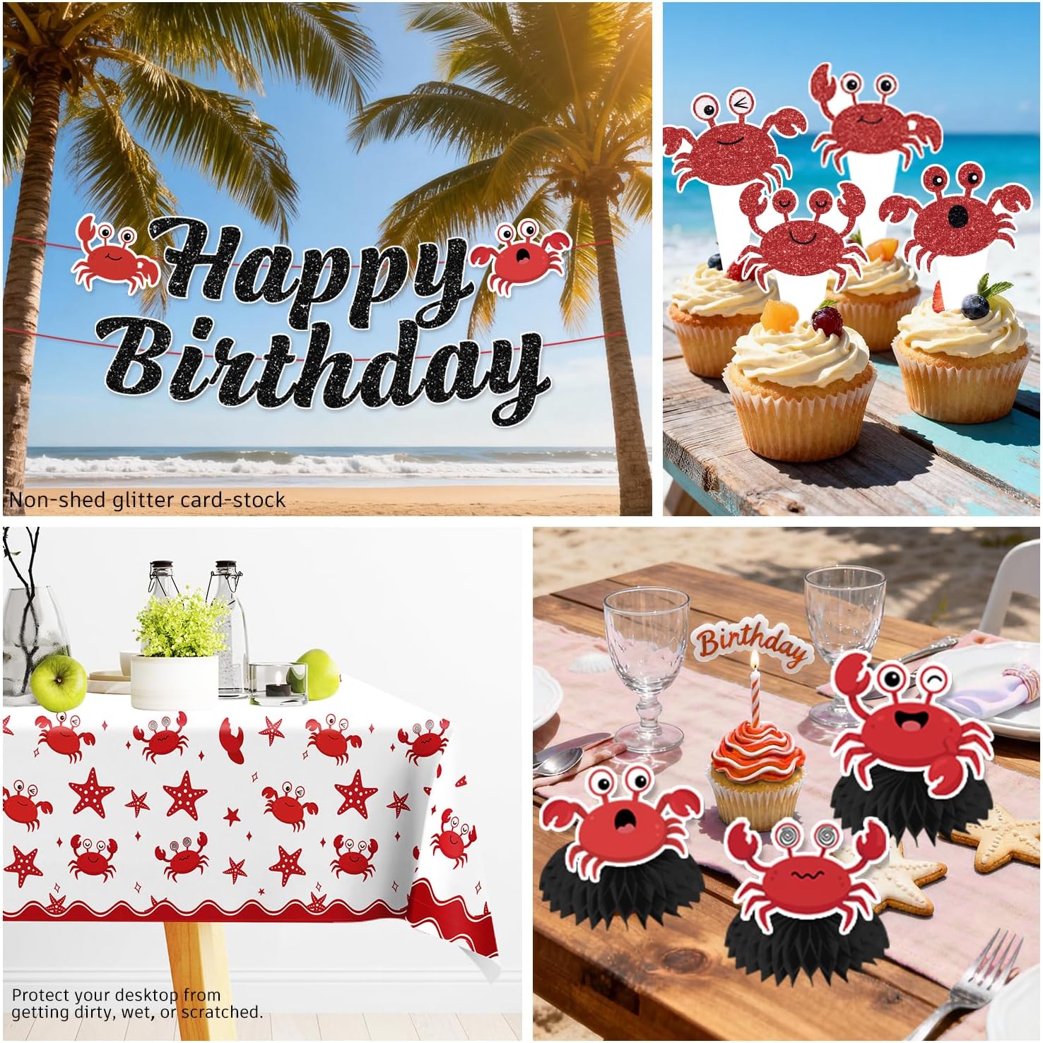 Xynic 205pcs Crab Boil Party Supplies Complete Tableware Set, for 25 Guests, Seafood Boil Party Supplies, Includes Banner Plates, Napkins, Balloons, Tablecloths, for Crab Birthday Decorations