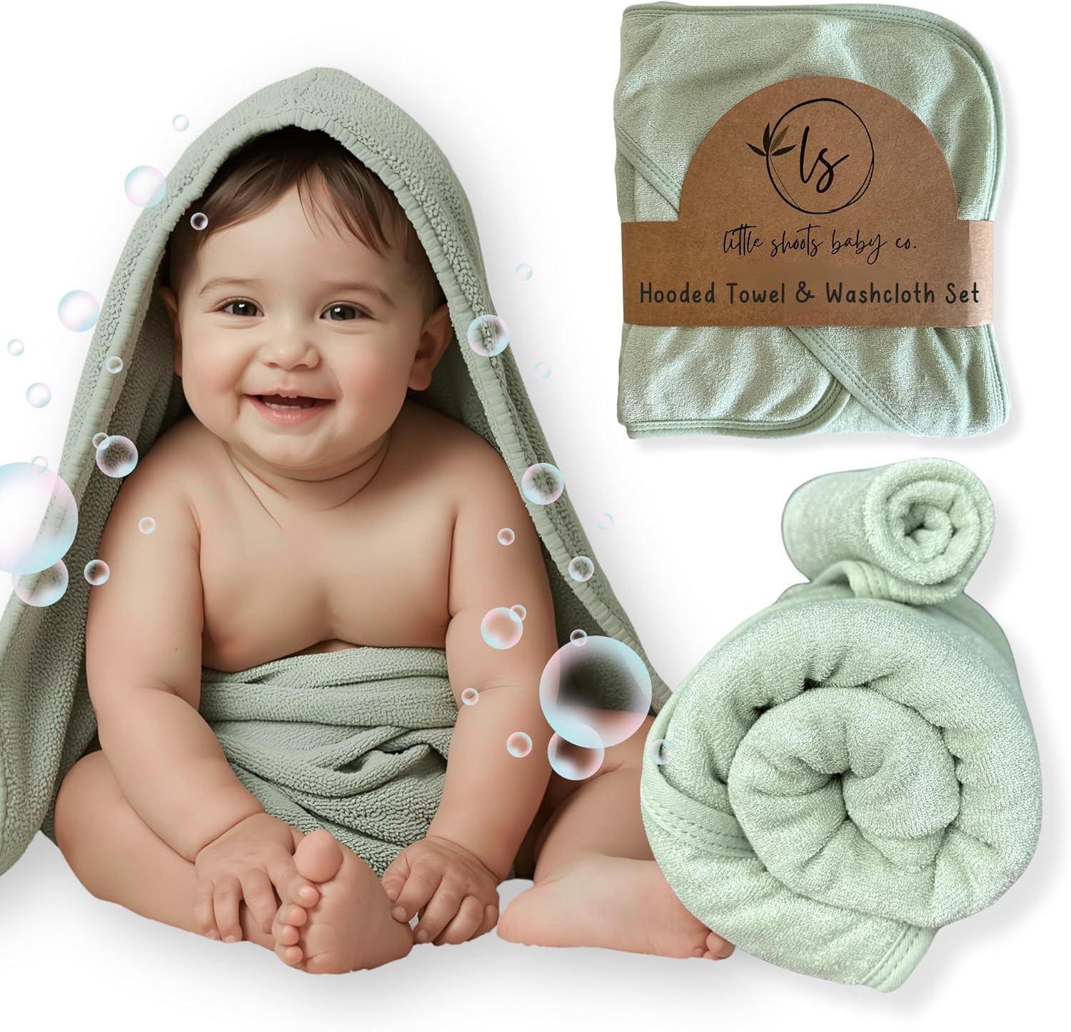 Hooded Baby Toddler Towel and Washcloth Set Made with Viscose from Bamboo, Large Size of 35" x 35", Soft and Absorbent, Baby Essential in Sage