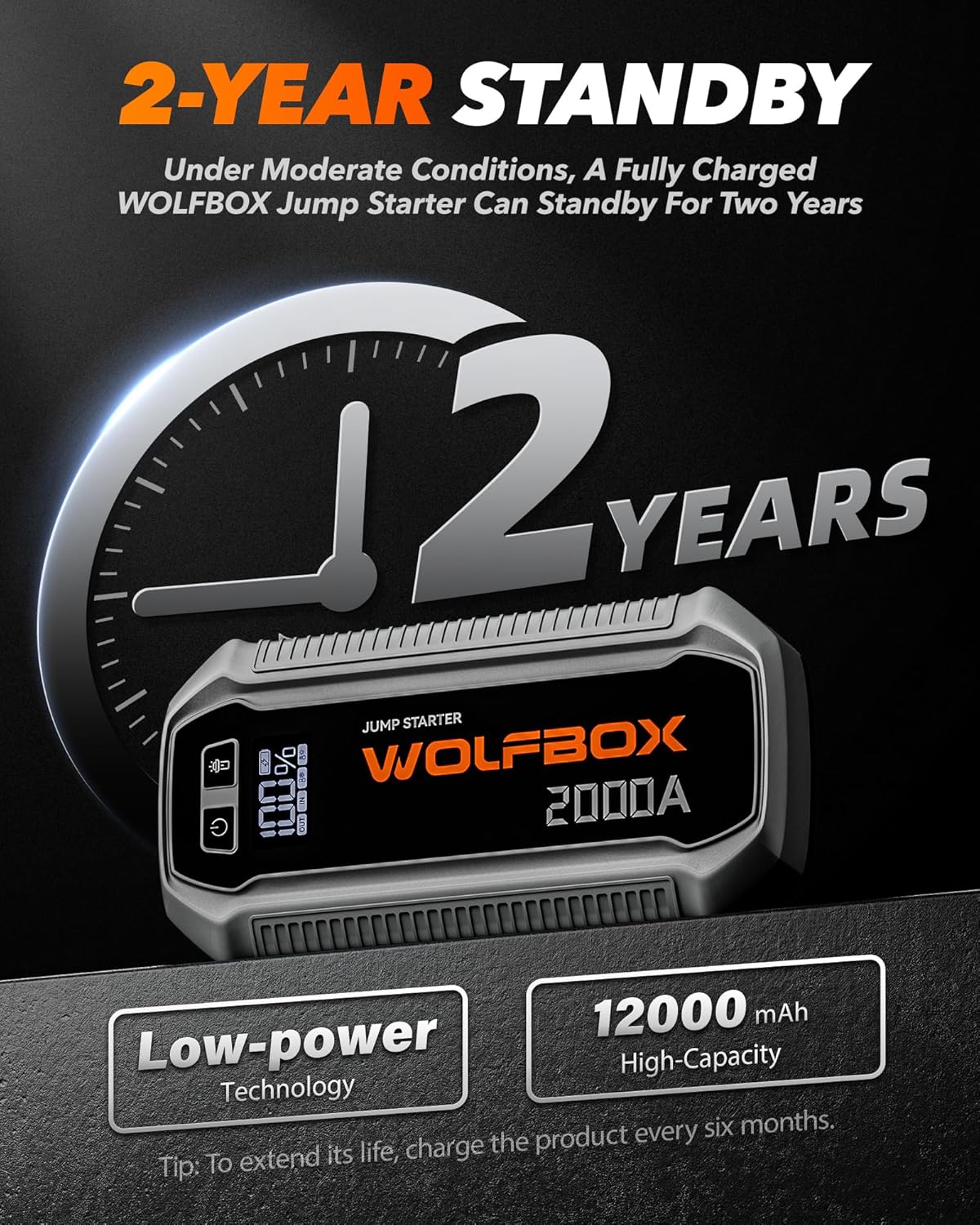 WOLFBOX 2000A Jump Starter with a '2-Year Standby' graphic