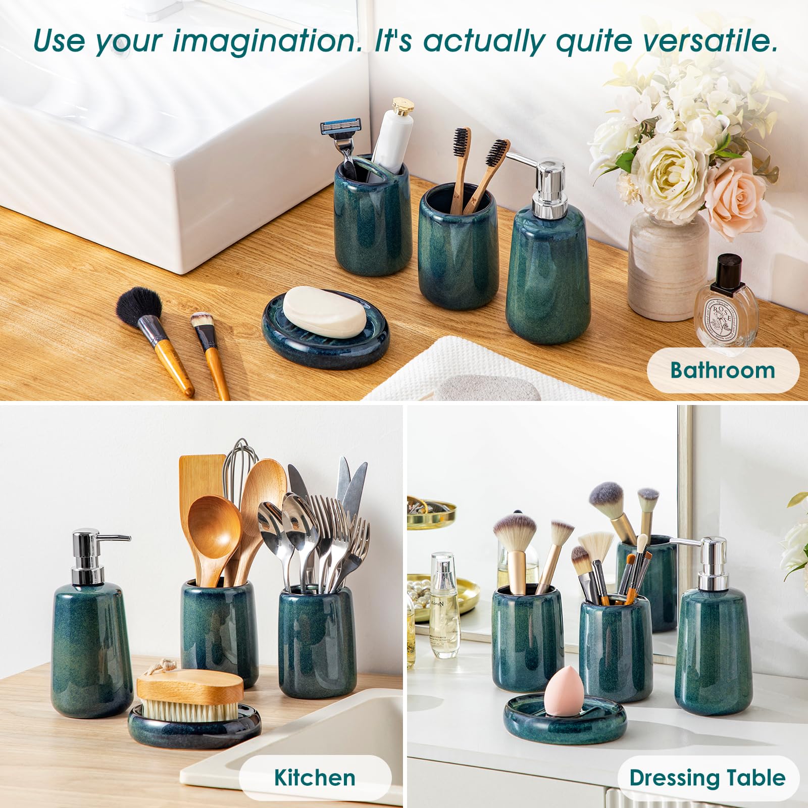 vancasso Set di accessori da bagno verde, dispenser di sapone in ceramica e portaspazzolino, set da 4 pezzi per lavabo da bagno in gres porcellanato, per arredamento moderno della casa, serie Starry