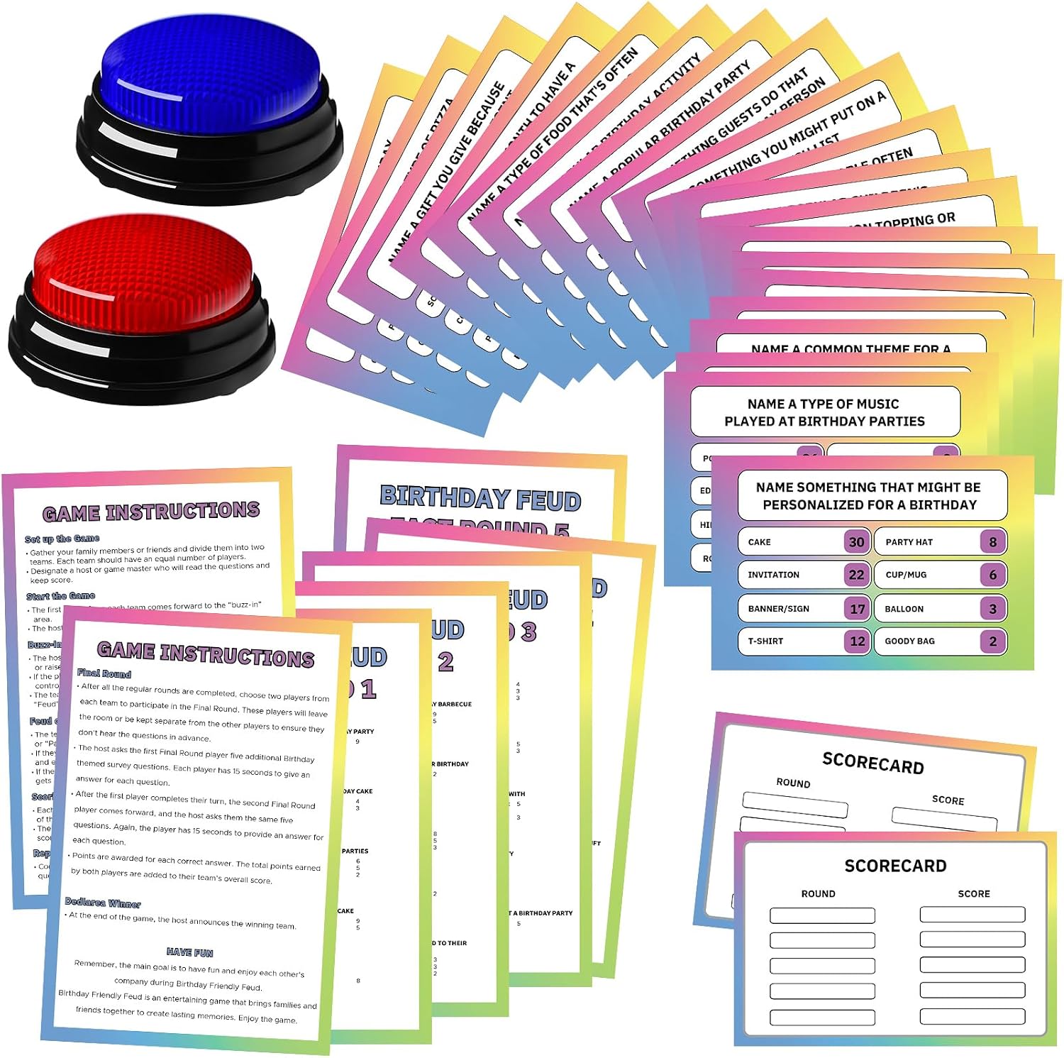 Soulchen 32 Pcs Birthday Trivia Game 30 Cards 2 Buzzers Party Quiz