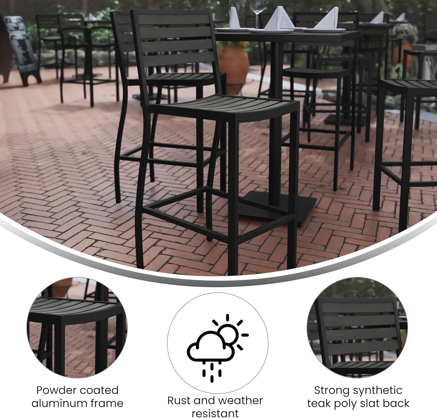 BizChair Commercial Grade Bar Height Stool, All-Weather Outdoor Bar Stool with Faux Wood Poly Resin Slats and Aluminum Frame, Gray Wash
