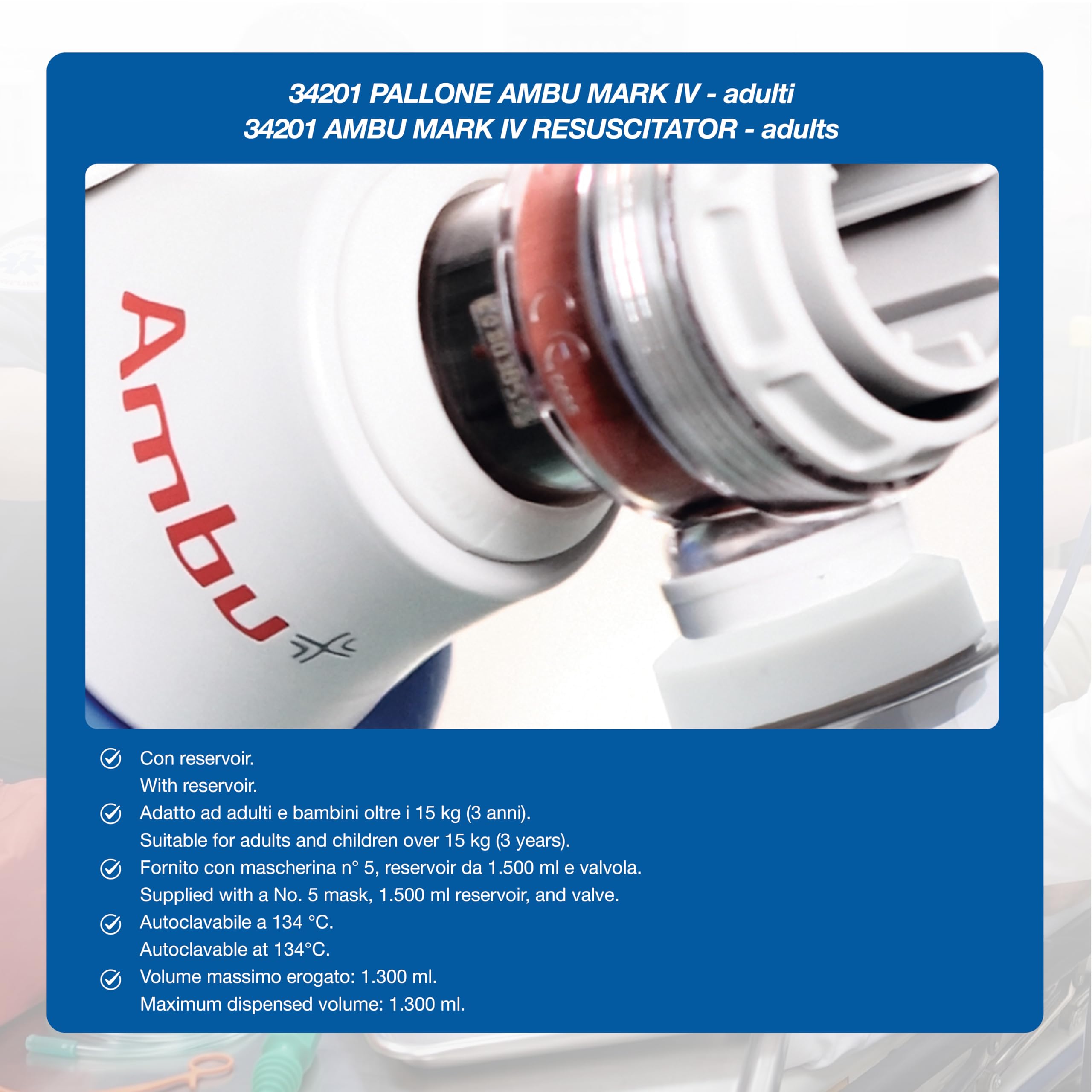 AMBU - Pallone ambu mark IV per adulti e bambini (+ 15 kg) con reservoir 1.500 ml, 34201