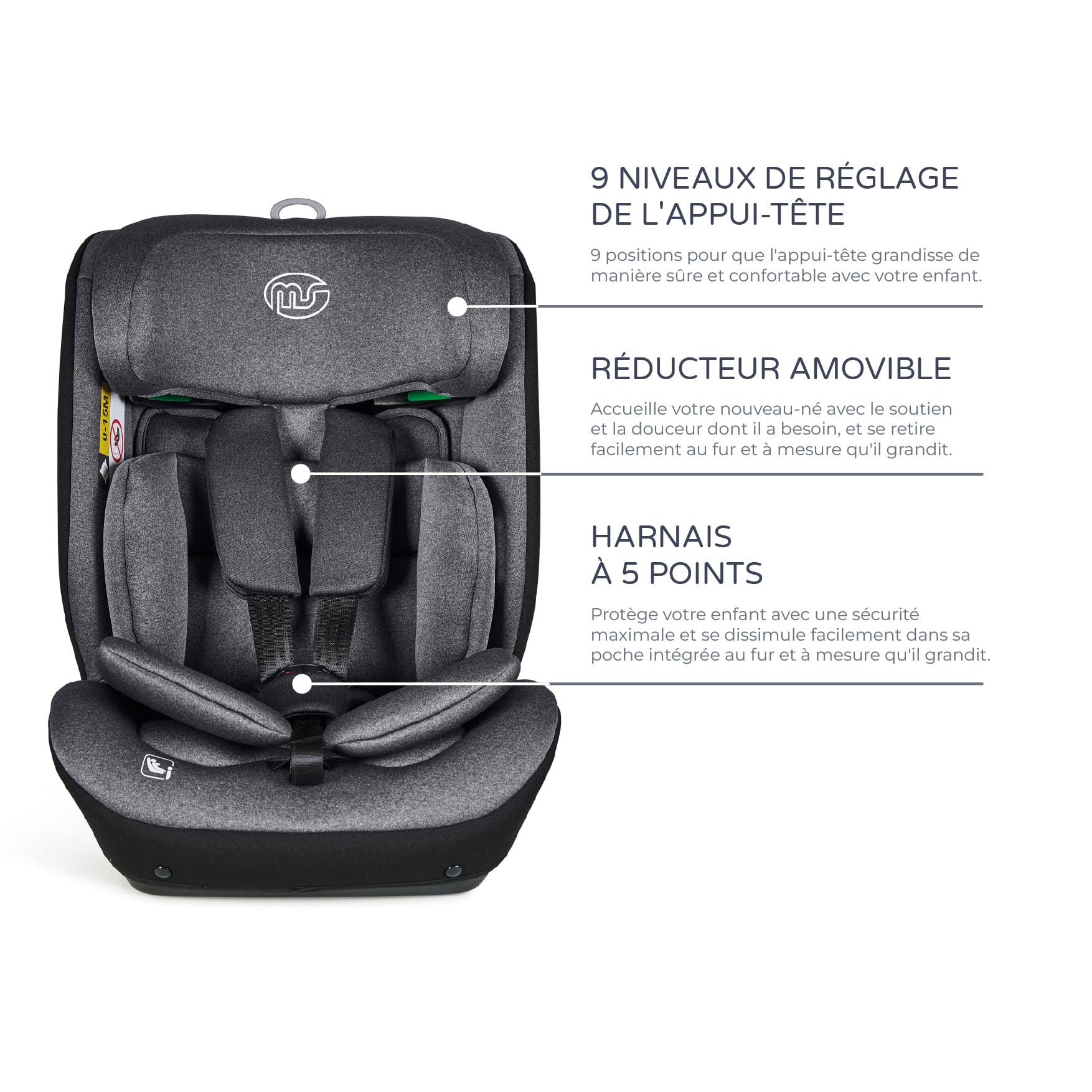 Ms Babyworld BARI I-Size - Silla de Coche Isofix y 1 posición de reclinado, Grupo 1/2/3, 9-36 Kg ó 75-150cms, Normativa R129, Protectores Laterales, Top Tether, Ajustar con una Mano, Easy Grow System