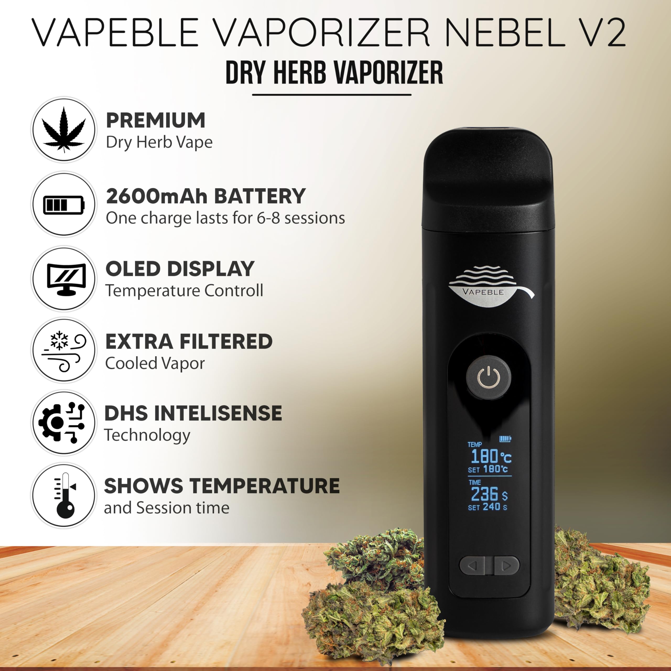 Vaporizer Nebel V2 Vaporizzatore compatto per erbe, sistema di vaporizzazione DHS, display OLED in 20sec a 160°C - 240°C, 2600 mAh vaporizzazione Intellisense per erbe secche oli e concentrati