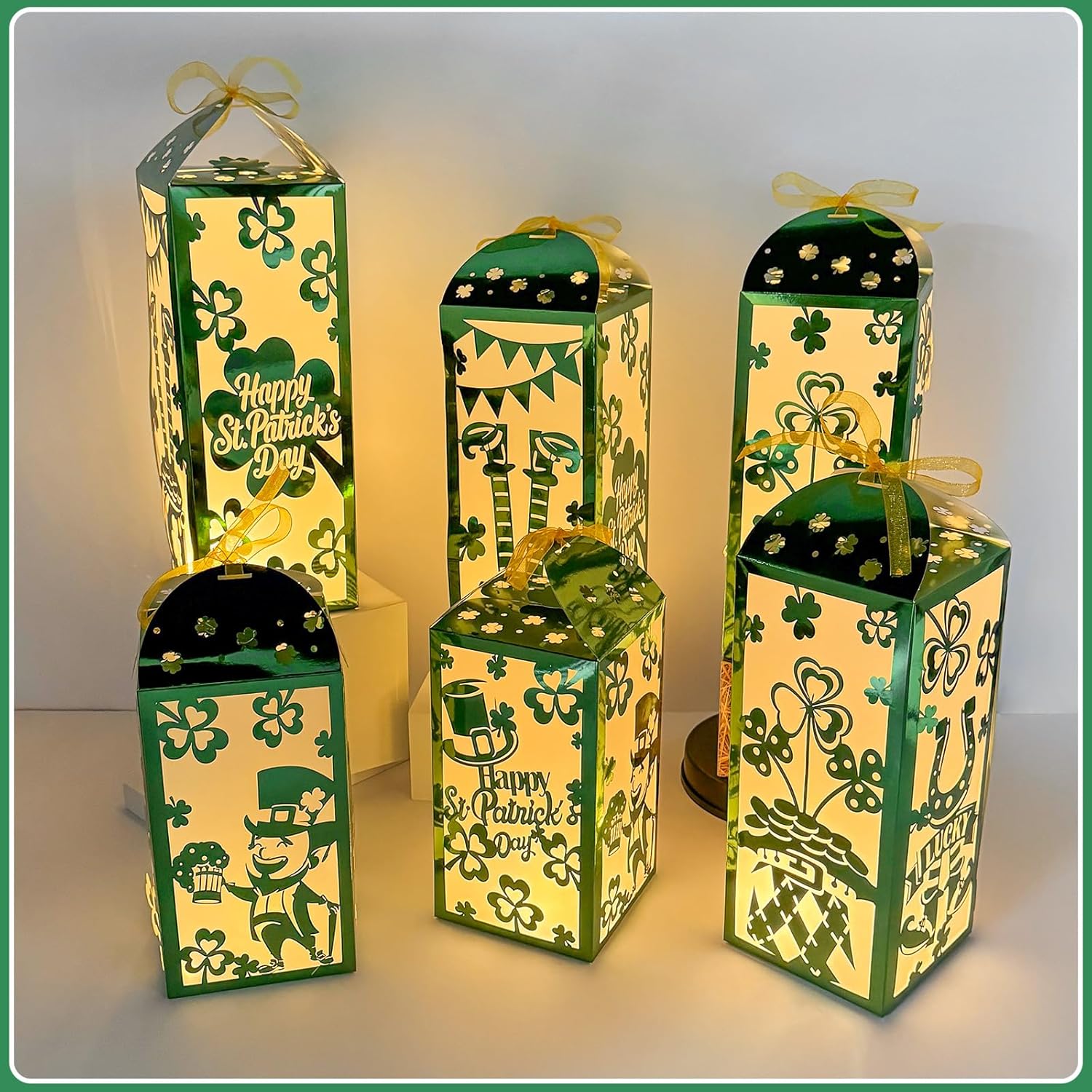 Cinrobiye 6 Set St Patricks Day Party Paper Lanterns Boxes Green Shamrock Light Up Table Centerpiece Decor for Indoor Irish Saint Festive Carnival Supplies Home Activities Decorations