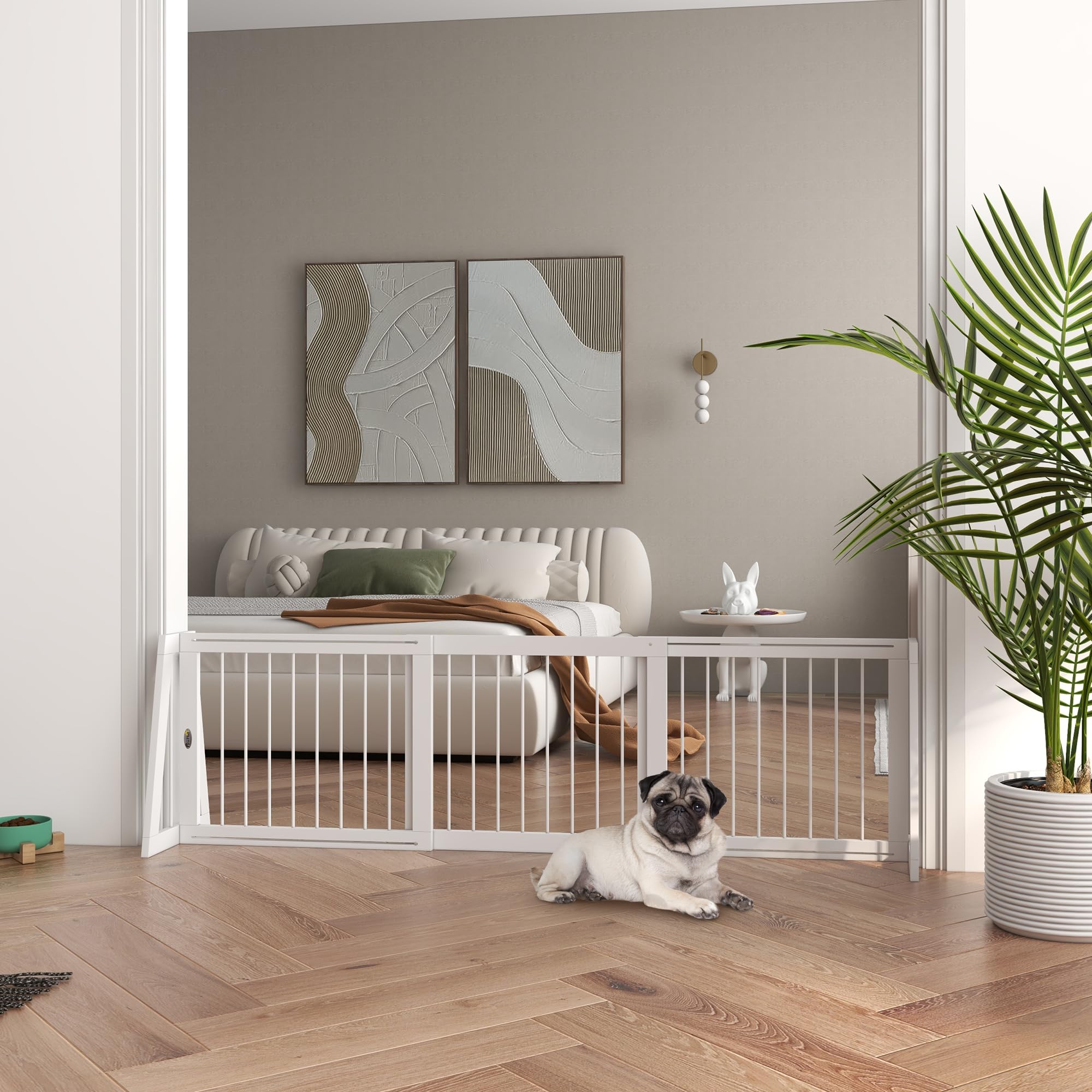 PawHut Absperrgitter Hund, Ausziehbar Freistehendes Schutzgitter mit 3 Paneelen, 56 x 71-190 cm Holz Hundegitter für Treppen, Türen, Küche, Kamin, Treppengitter für kleine Hunde, Weiß