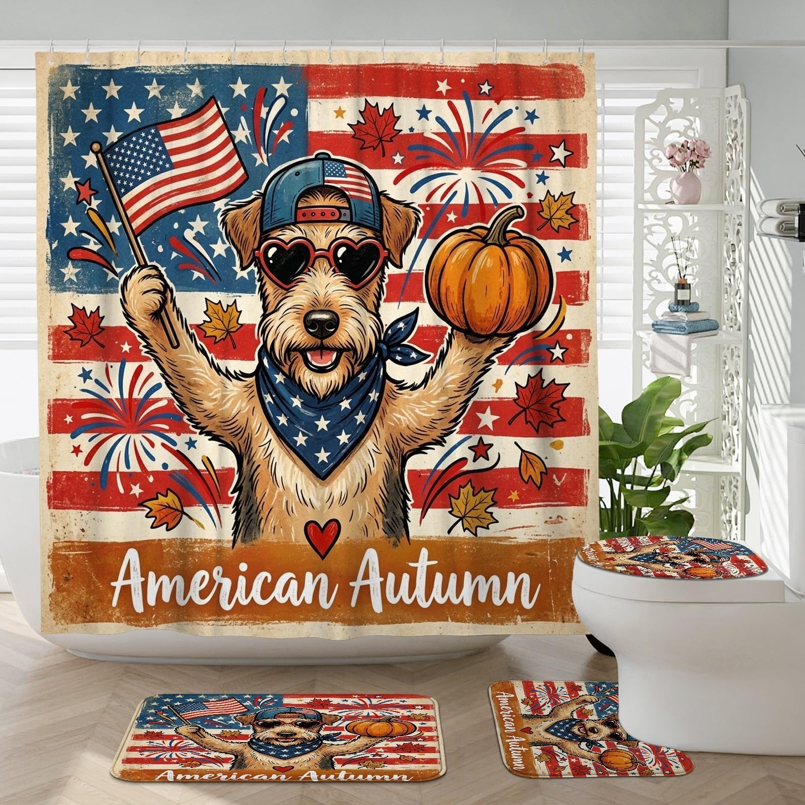 Accessoires de salle de bain avec tapis antidérapant et contour WC motif chien