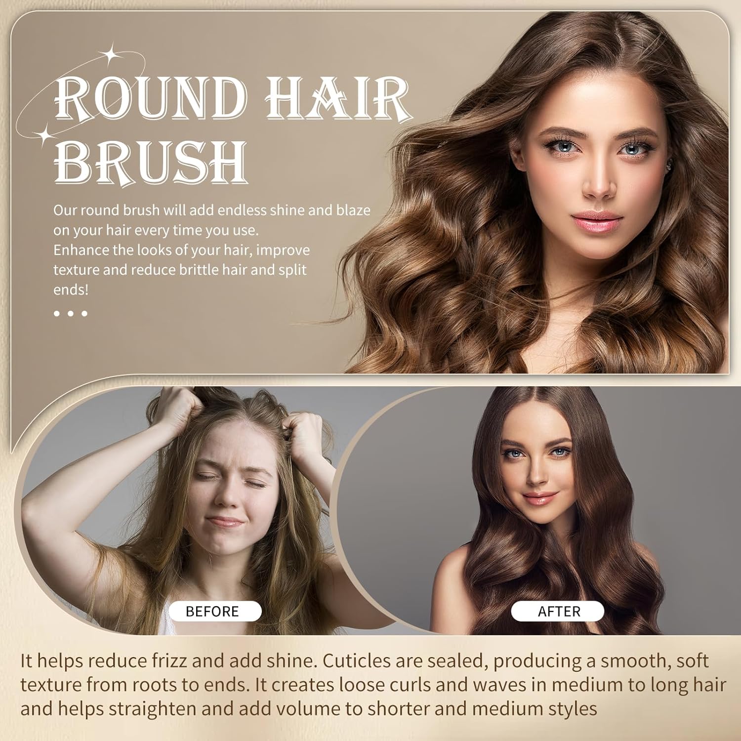 4-Piece Round Hair Brush For Blow Drying, Blow Drying & Styling Roller Brush for Blow Drying, for Women, Volume & Shine, Brown, Hair Brush for Thick Hair