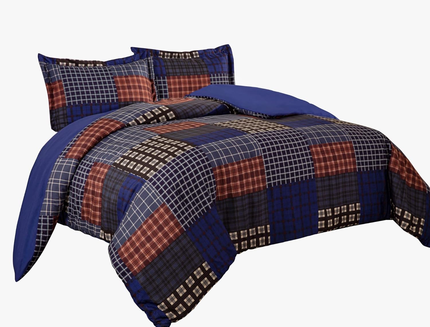 Chezmoi Collection Sherman 3-Piece Oversized Comforter Set - Multicolor Plaid Patchwork Printed Microfiber Oversized Bedding, Full Size