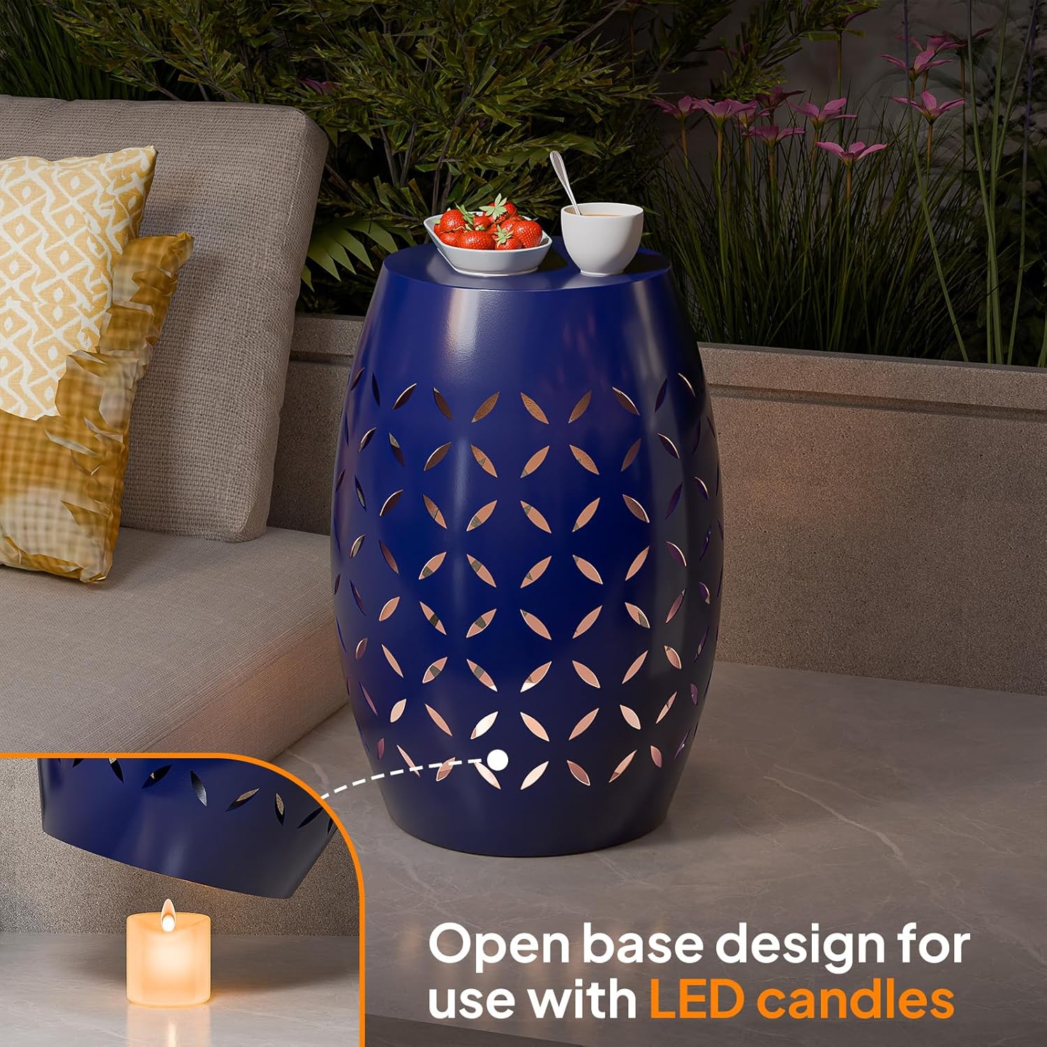 VINGLI Outdoor Iron Side Table, Patio End Table Anti-Rust Metal Round Drum Garden Stool Plant Stand Indoor Iron Accent Table for Patio Deck Porch Living Room (Navy Blue)