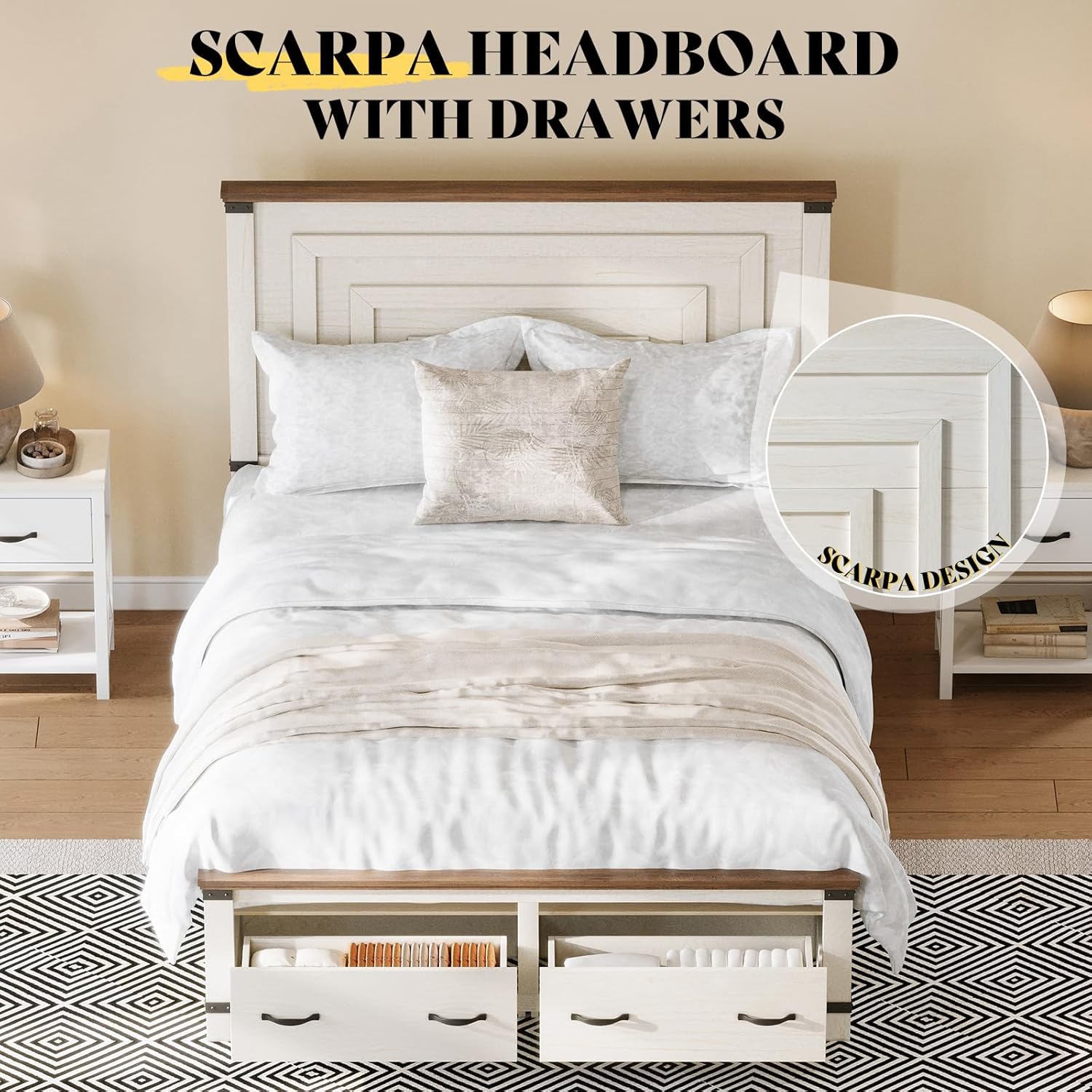 AMERLIFE Farmhouse Bedroom Furniture Set, Includes 2 Nightstands with Charging Station and 1 Queen Wood Platform Bed Frame with Storage Drawers, Farmhouse Furniture for Bedroom, Rustic White - Image 4