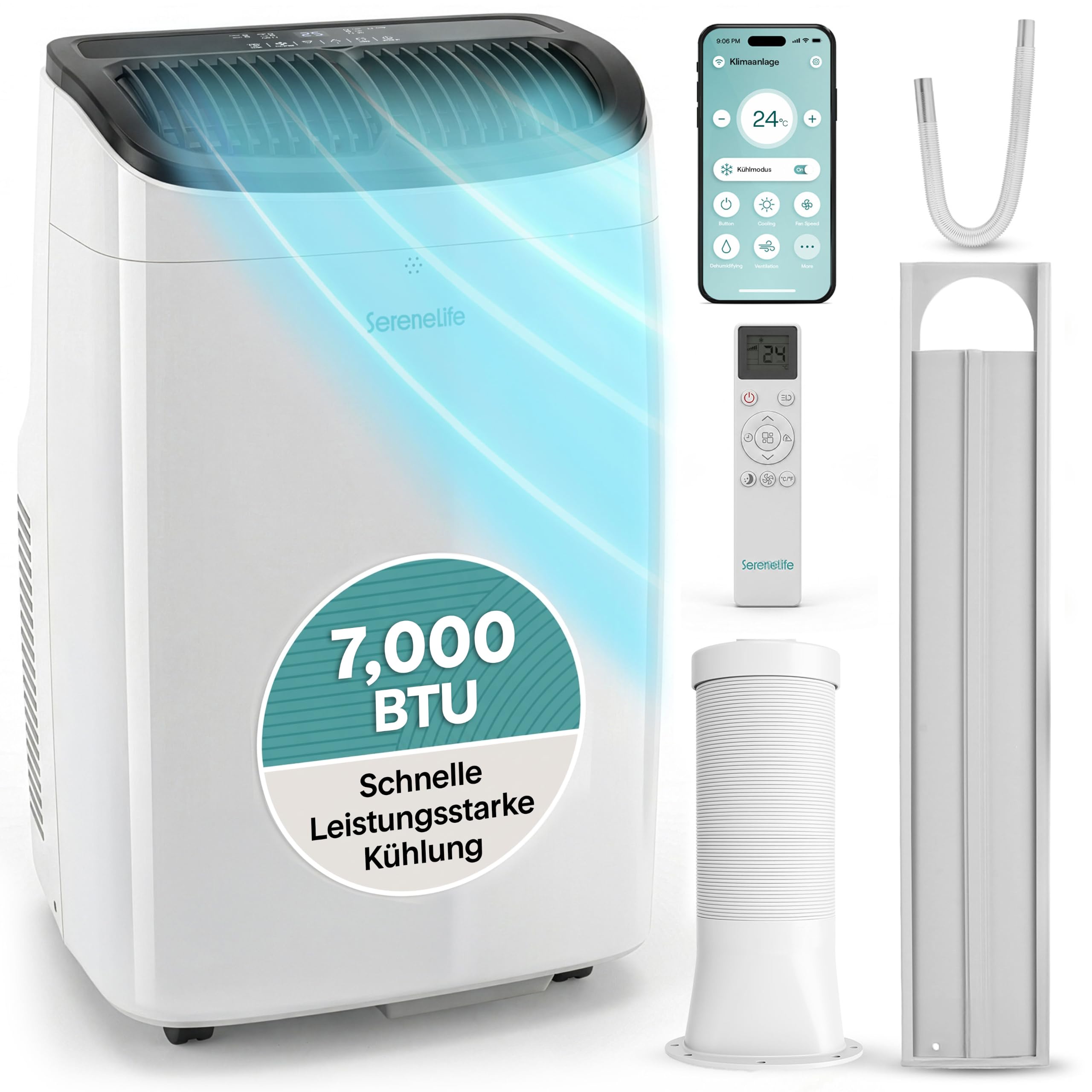 SereneLife Klimaanlage Mobil 7000 BTU – Kleine Klimaanlage für Zimmer bis 20 m² | Kühlung, Entfeuchter & Ventilator | 49 dB